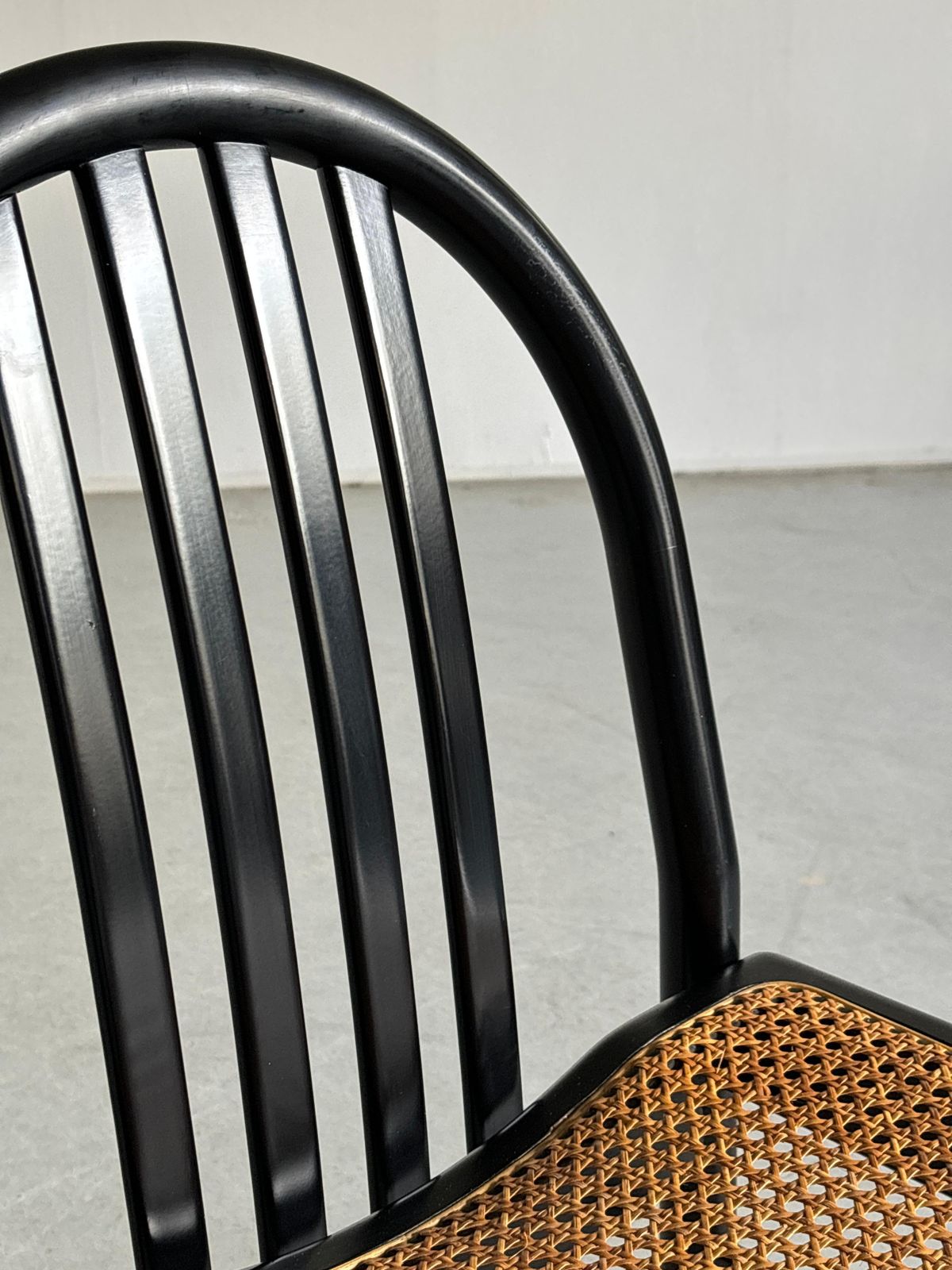 Vintage Mid Century Dining Chairs In Black Lacquered Wood And Cane, 1980s Italy photo vintage