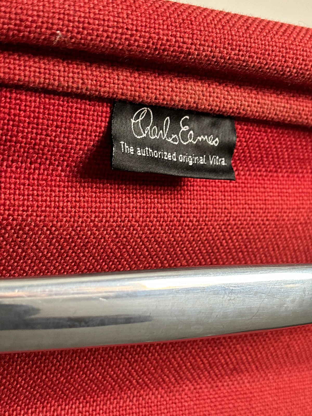 photo for sale 1 Of 2 Vintage Iconic Eames 'Ea107’ Desk Chairs By Vitra, Red Fabric, 1990s