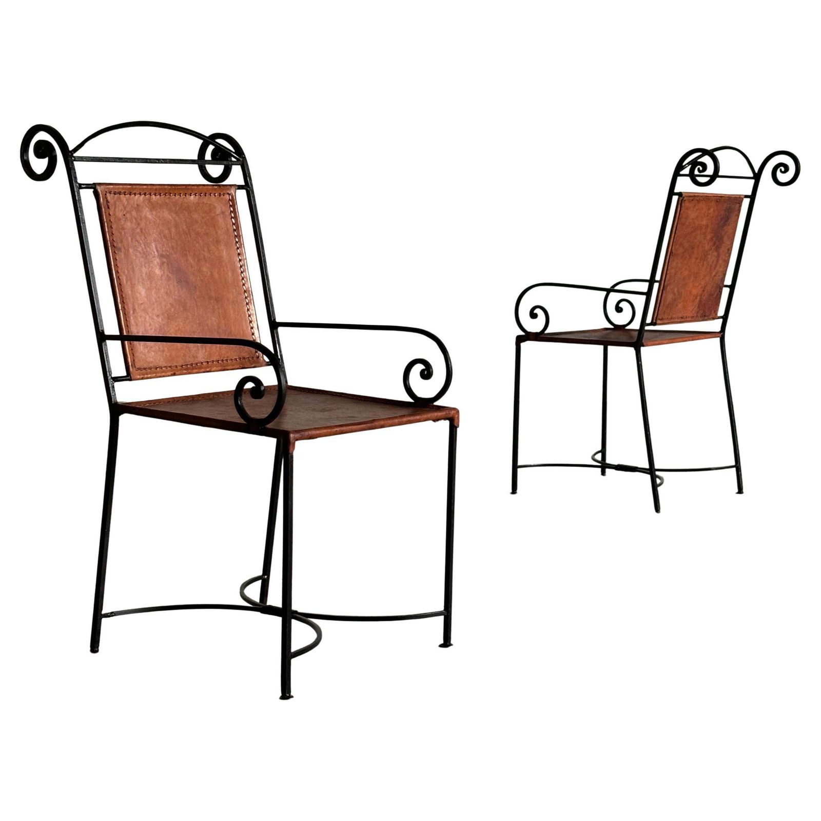 1 Of 2 French Artisanal Wrought Iron And Cognac Leather Swirl Armchairs, 1980s