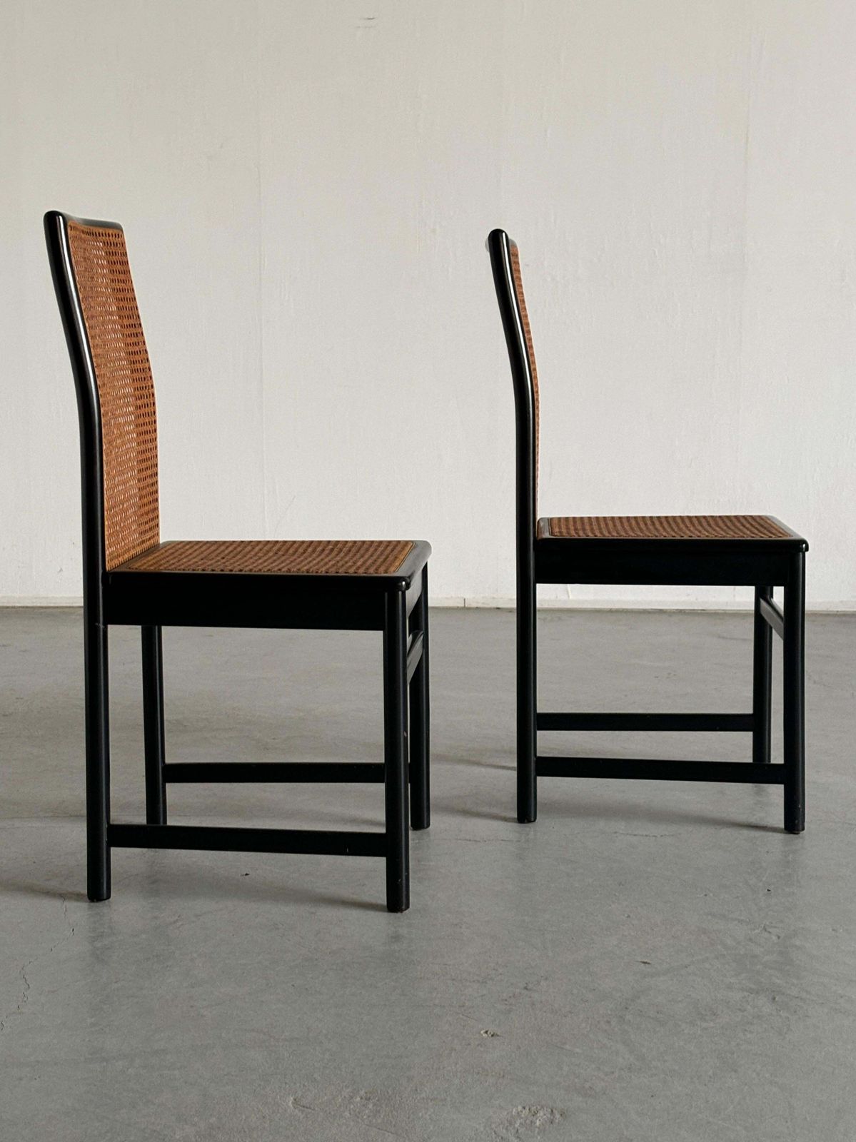 Pair Of Vintage Mid Century Dining Chairs In Black Lacquered Wood & Cane, Italy photo Furniture
