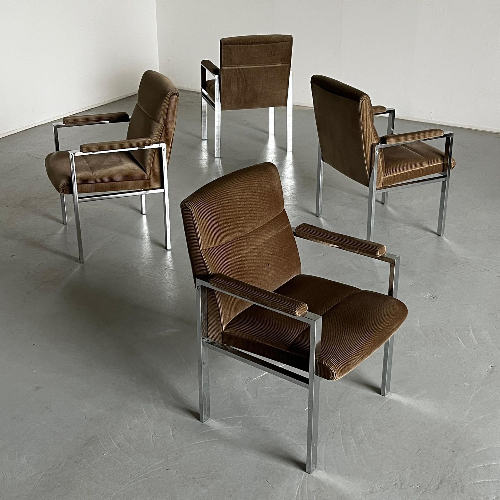 Mid Century Chrome Tubular Steel And Corduroy Upholstery Armchairs, 70s Germany photo for sale