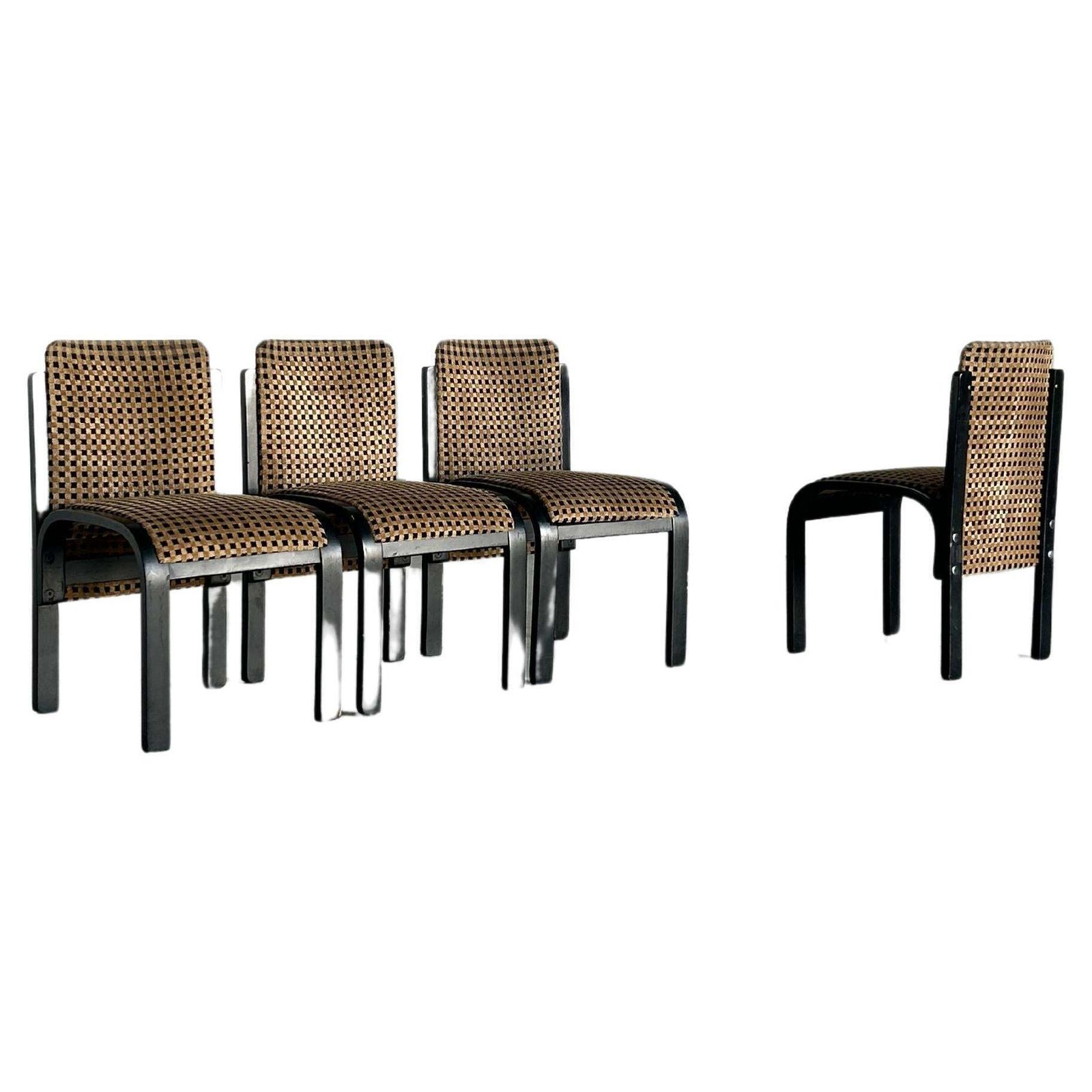 Set Of 4 Italian Sculptural Lacquered Bentwood Dining Chairs, Geometric Pattern