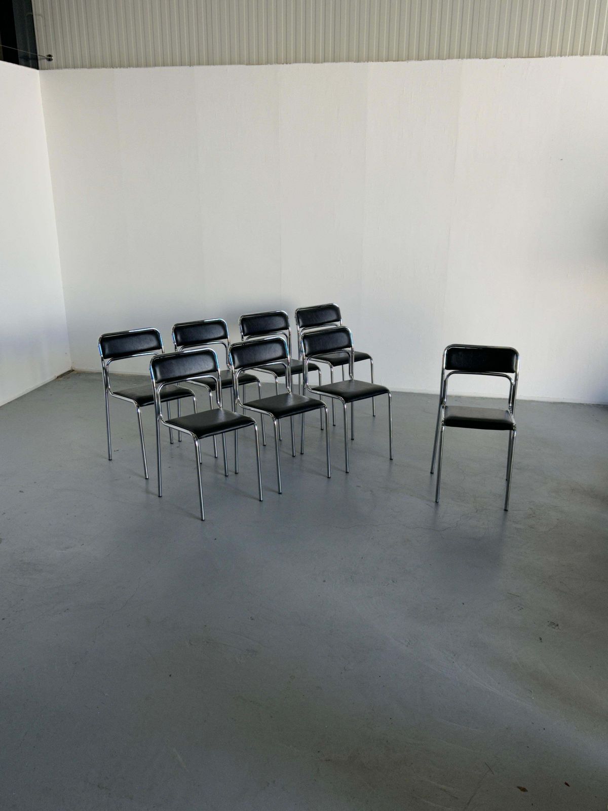 1 Of 8 Bauhaus Chrome Tubular Steel And Black Faux Leather Chairs, 1980s Italy photo for sale