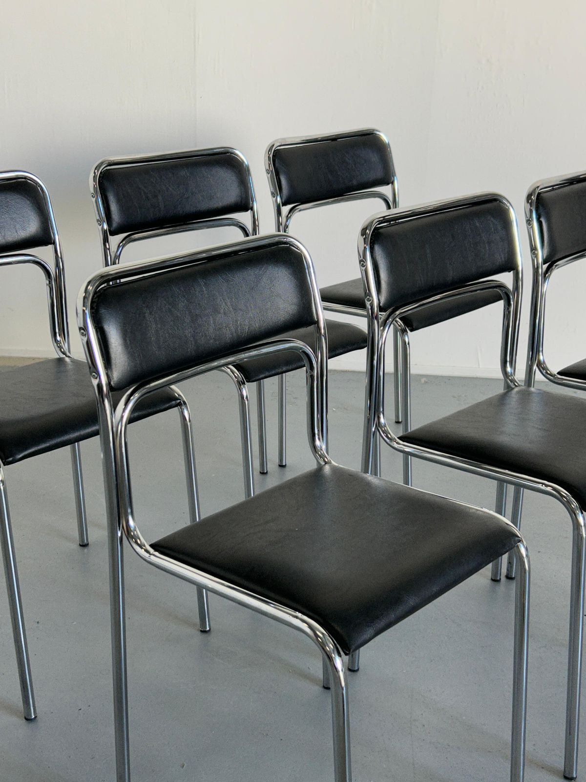 1 Of 8 Bauhaus Chrome Tubular Steel And Black Faux Leather Chairs, 1980s Italy photo buy