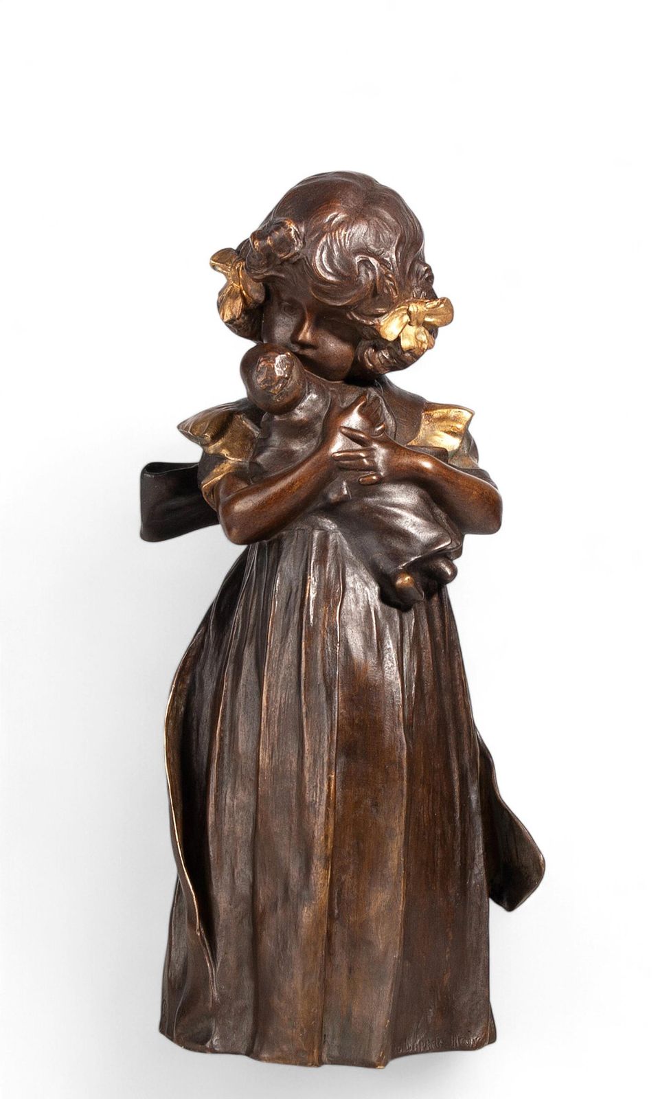 1900s Art Nouveau Bronze Sculpture Of A Girl With A Doll By Leo Laporte Blairsy, France photo furniture