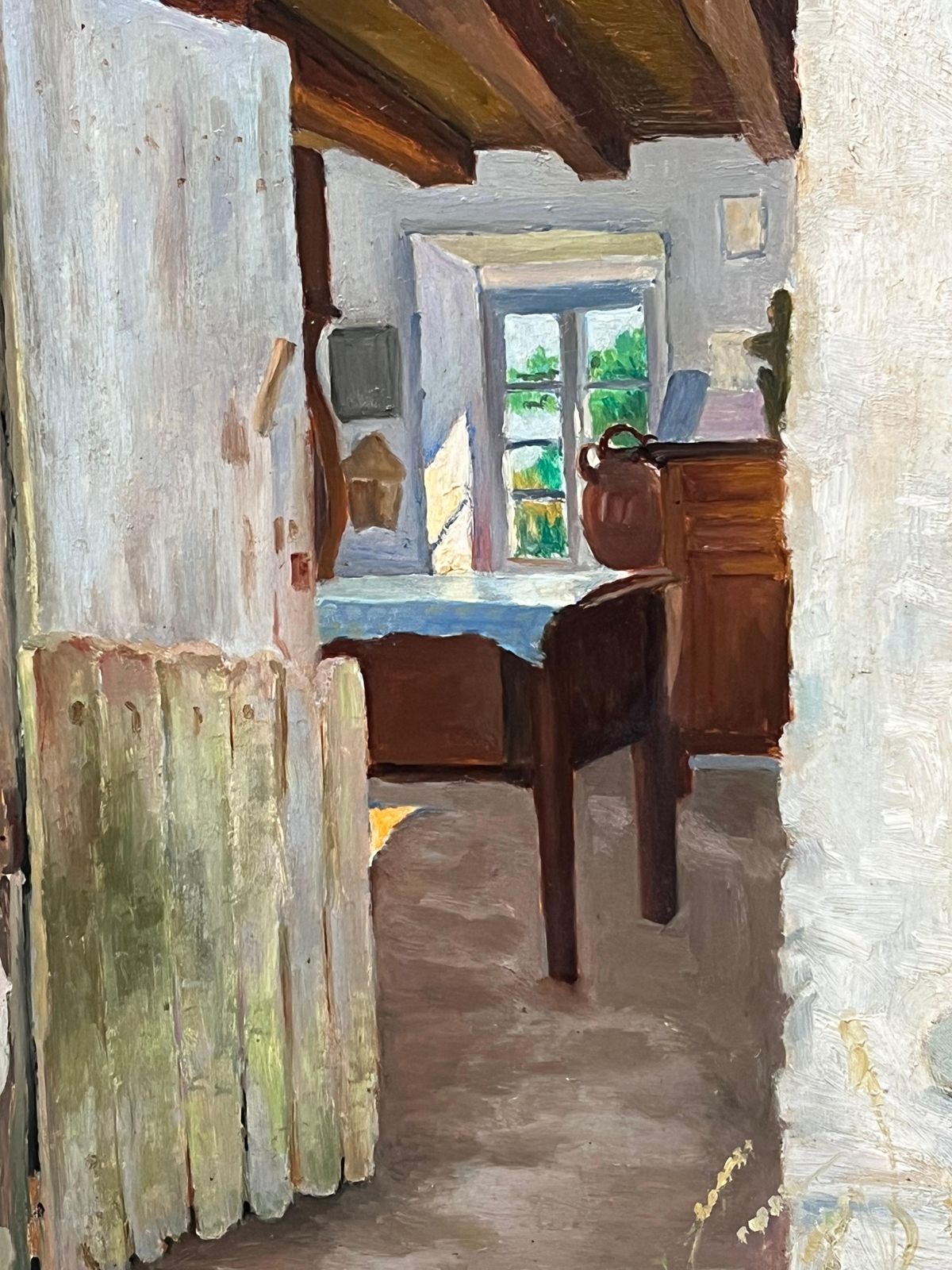 H.Gouymid 20th Century French Signed Oil Painting Cottage Kitchen Door Interior Scene photo Art