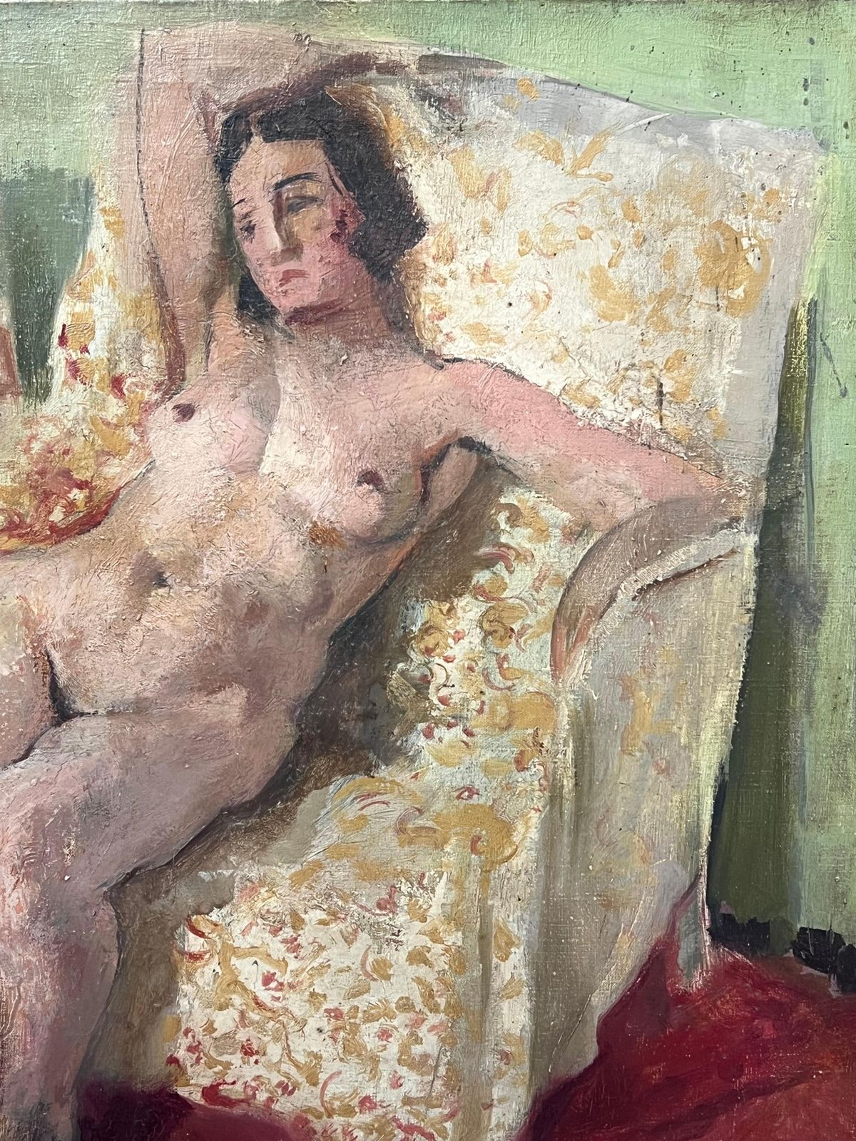 1920's French Post Impressionist Oil Painting Nude Woman In Pink Interior Room photo for sale