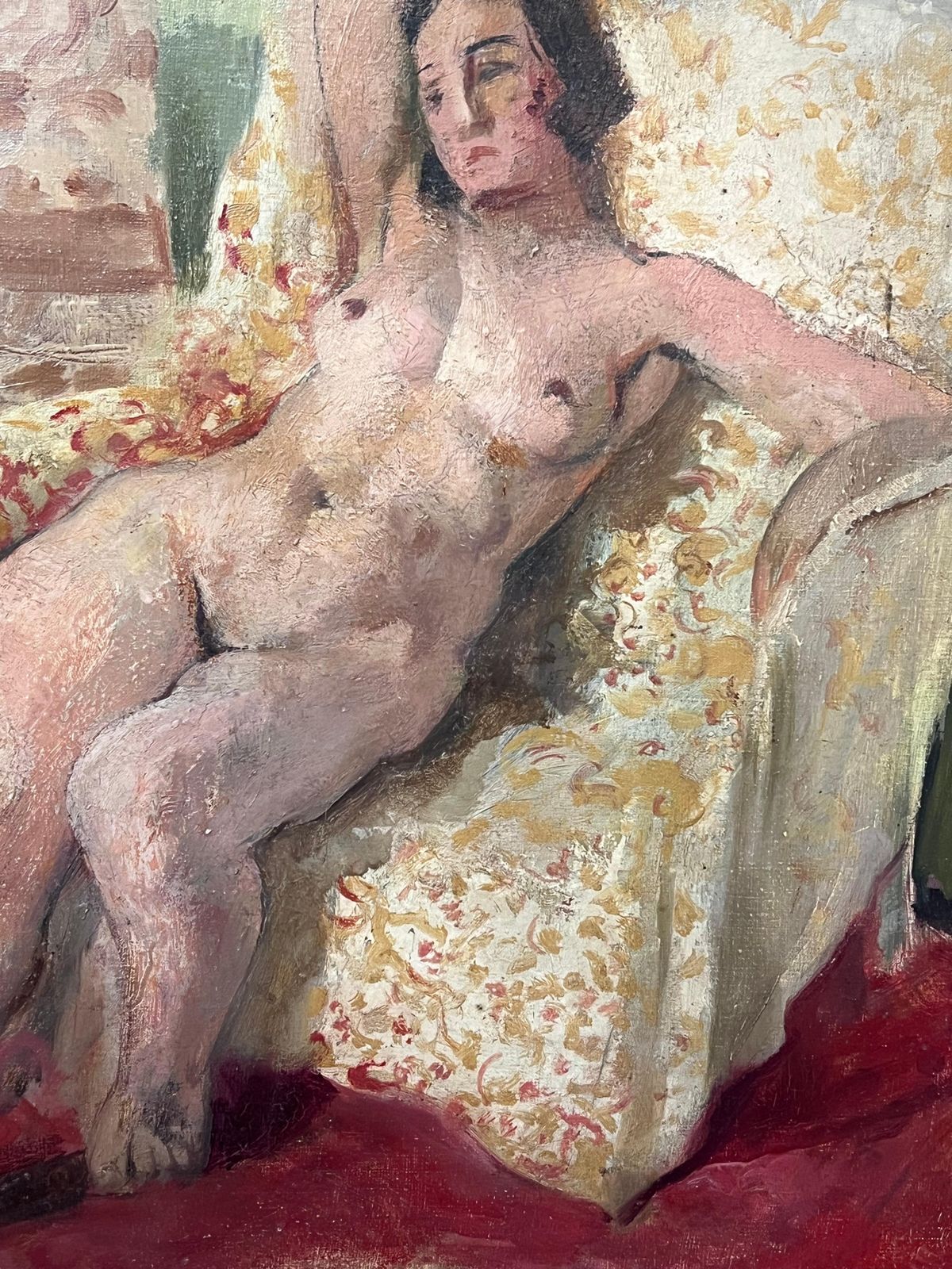 1920's French Post Impressionist Oil Painting Nude Woman In Pink Interior Room photo Art