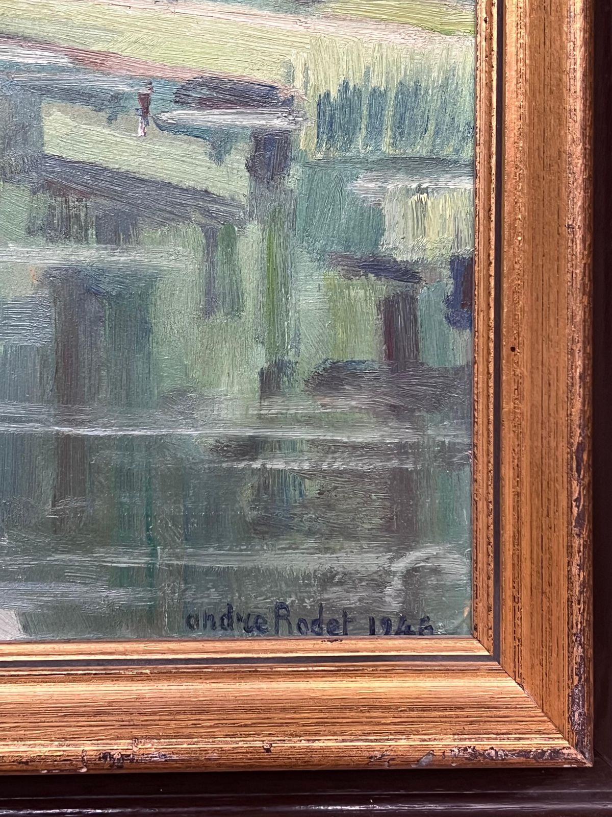 French School1940's French Modernist Signed Oil Painting Sludgy Green Moody River Landscape1946 photo Art