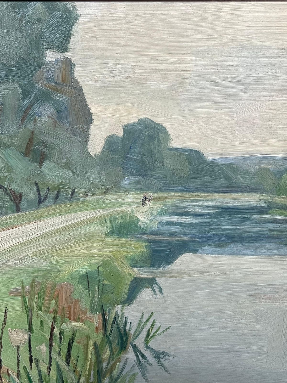 French School1940's French Modernist Signed Oil Painting Sludgy Green Moody River Landscape1946 photo vinterior