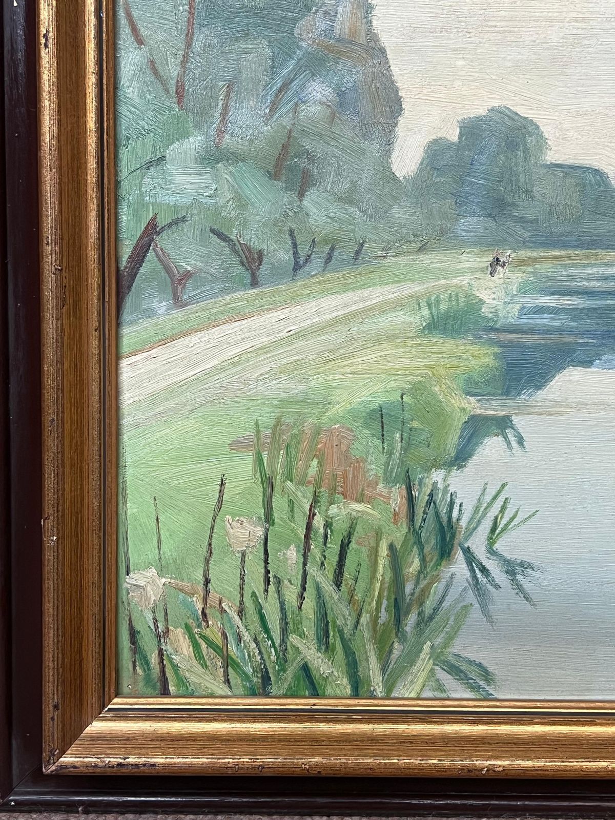 French School1940's French Modernist Signed Oil Painting Sludgy Green Moody River Landscape1946 photo buy