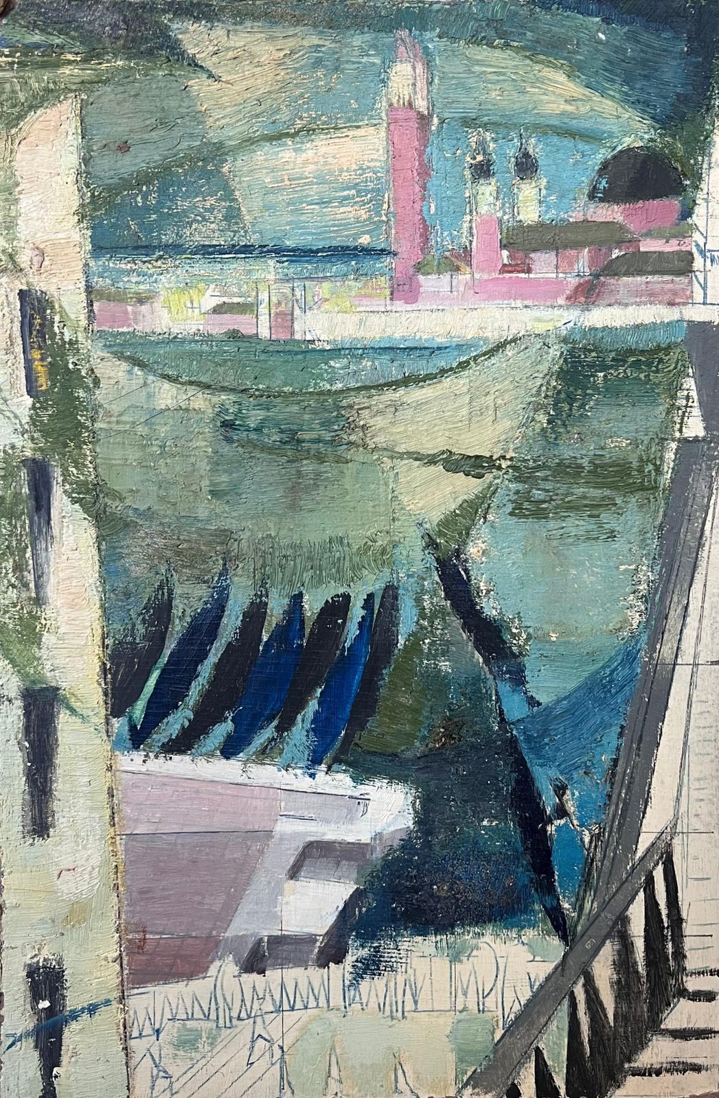 French Modernistmid 20th Century French Oil Painting Grand Canal Venice Muted Soft Colors