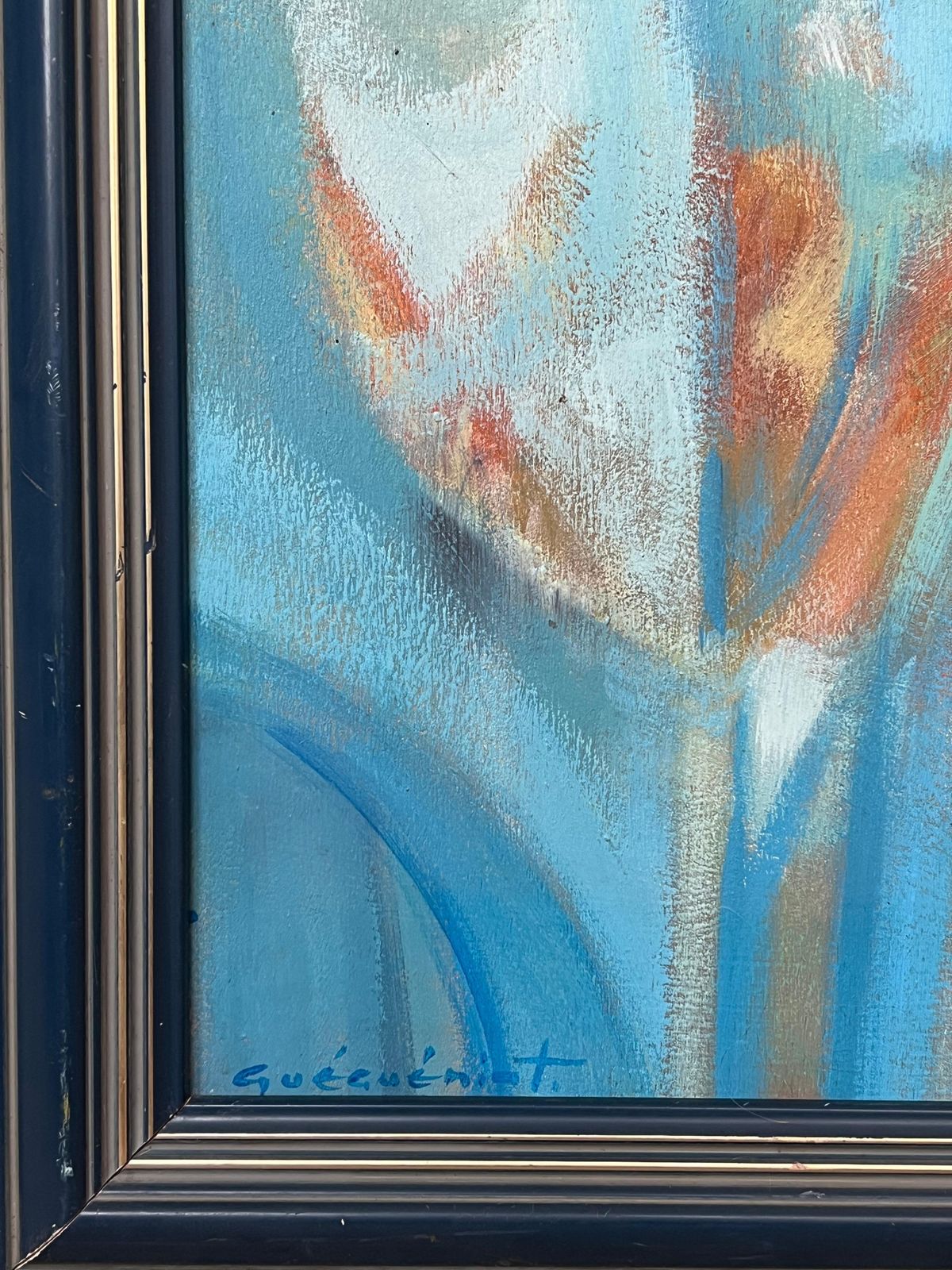 Gerard Guegueniat1970's French Abstract Original Painting Blues Oranges And Whites Signed photo Art