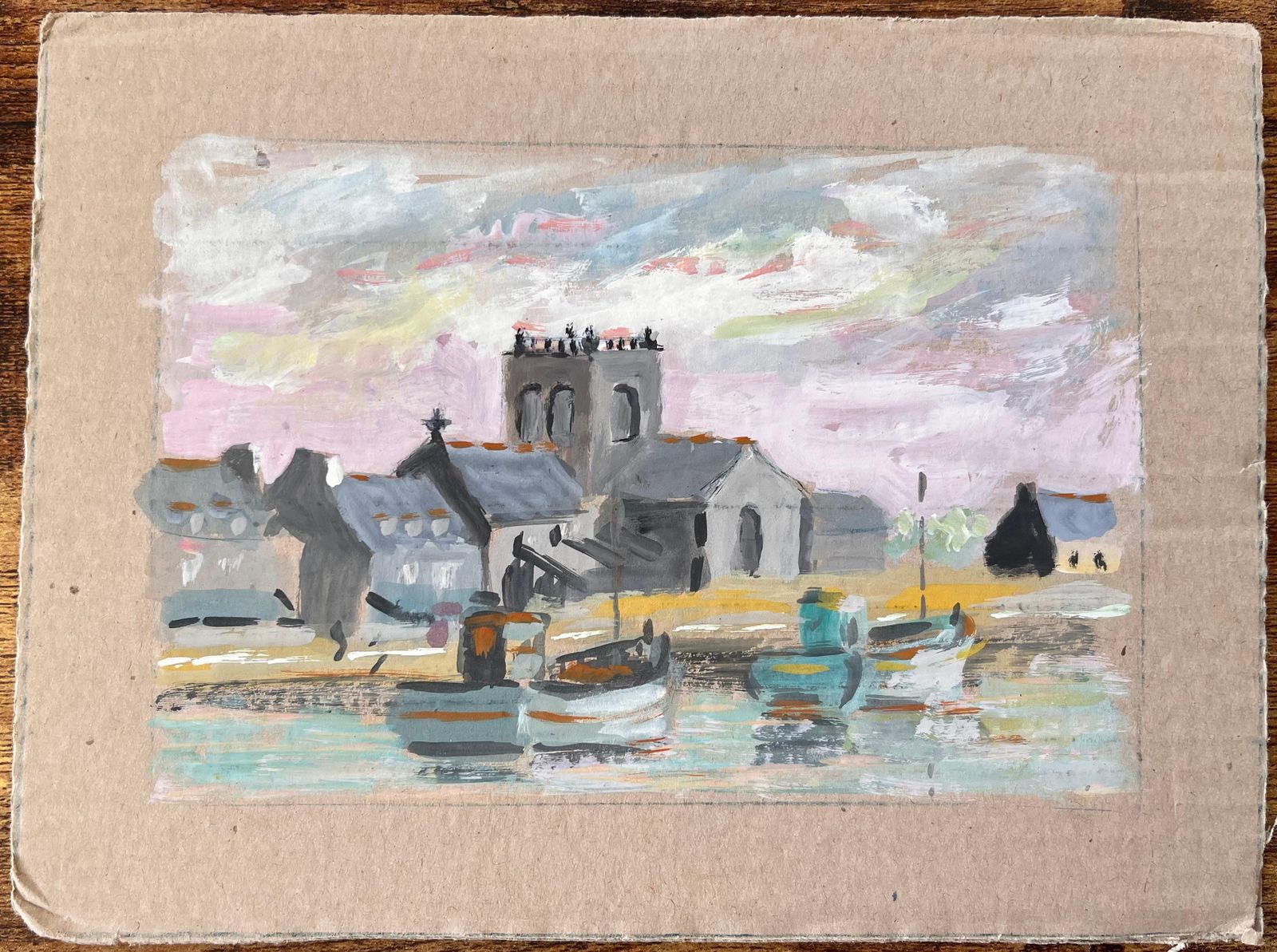 Fanch Lelfrench Harbour Scene With Church Boats And Village Skyline In Gouache photo furniture
