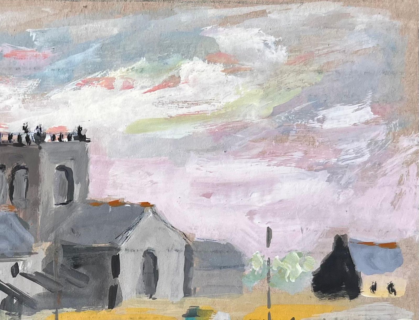 Fanch Lelfrench Harbour Scene With Church Boats And Village Skyline In Gouache photo vinterior