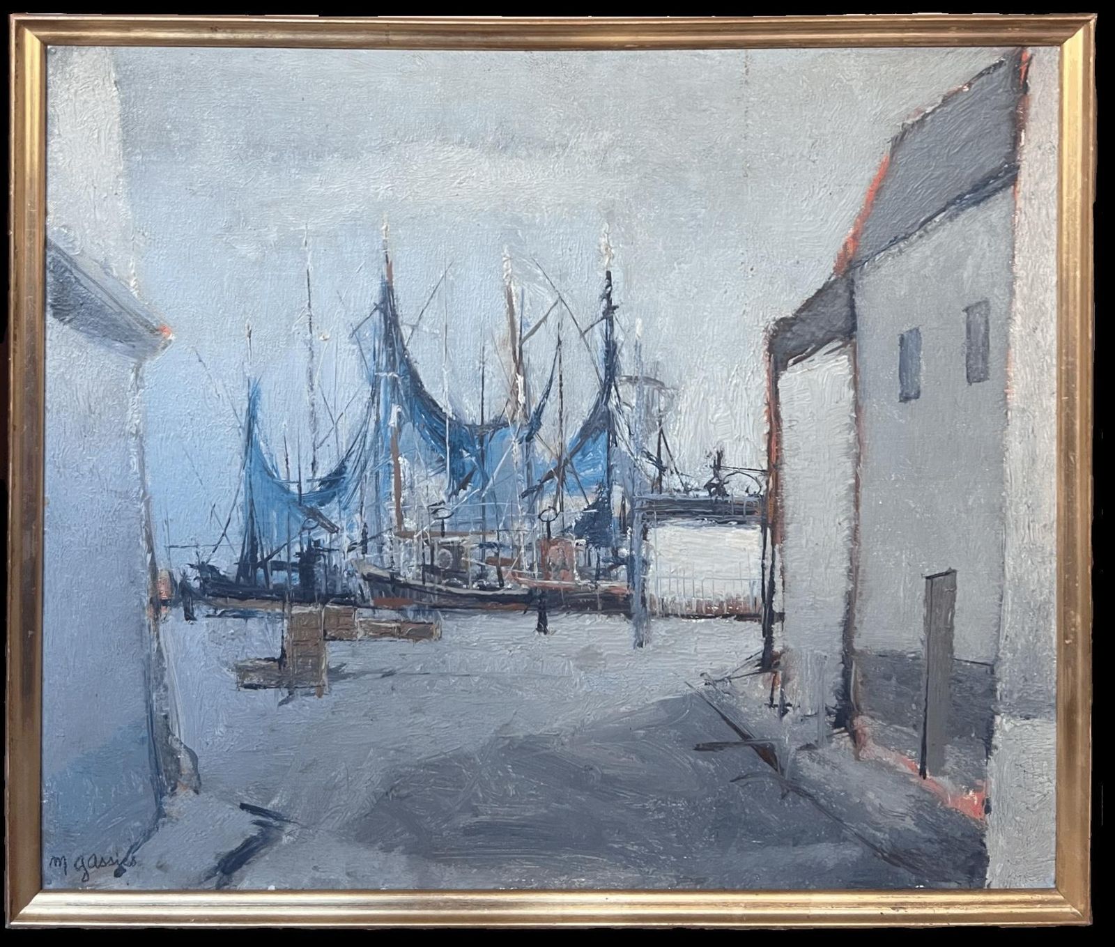 Michel Gassiesmid 20th Century French Signed Oil Painting Boats In Harbor Moody Grey Colors