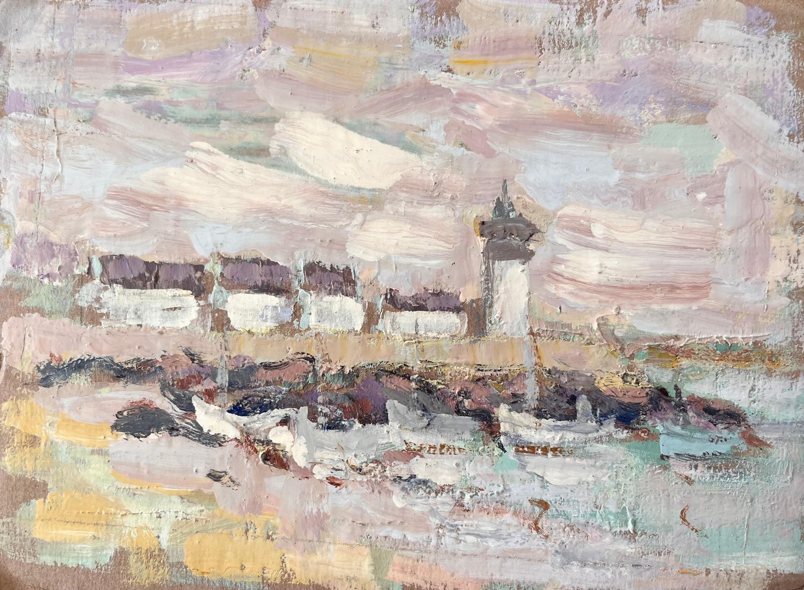Fanch Lelimpressionist French Coastal Scene With Lighthouse Boats And Cottages