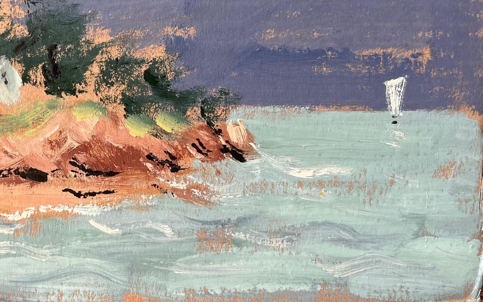 Fanch Lelfrench Coastal Landscape With White Cottage And Sailboat Under A Dark Sky photo 439.0