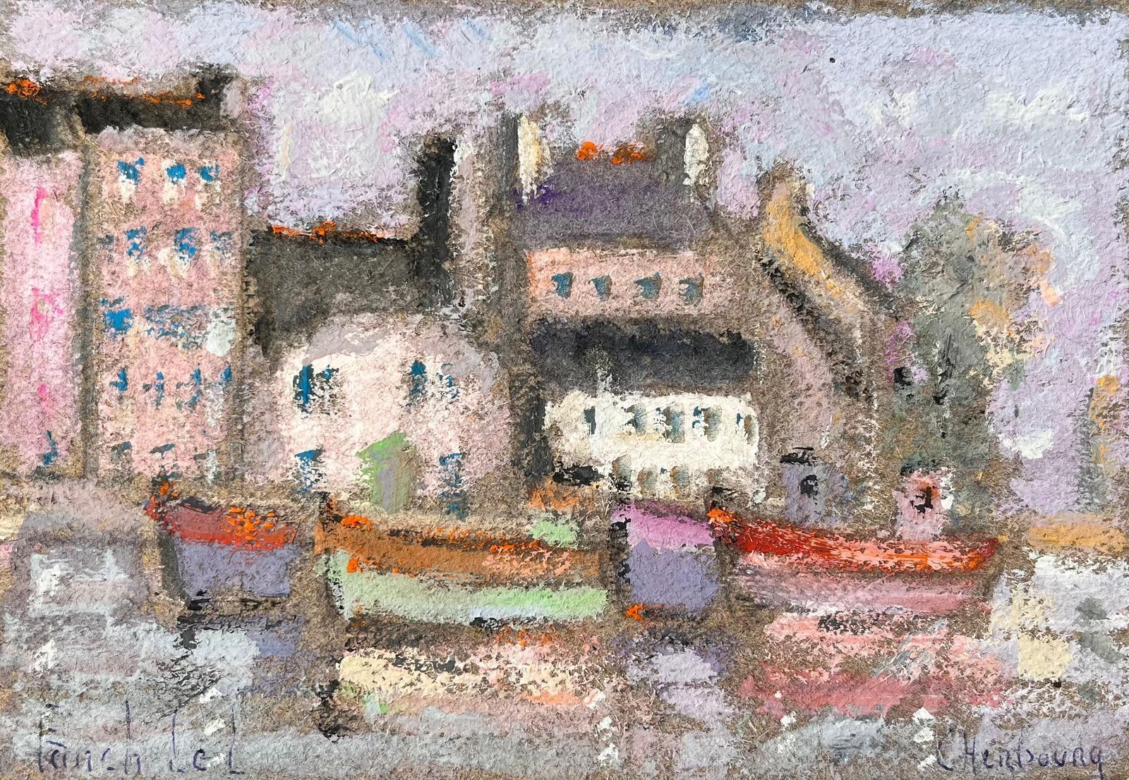 Fanch Lelfrench Pastel Harbour Scene Of Colourful Boats And Buildings In Cherbourg