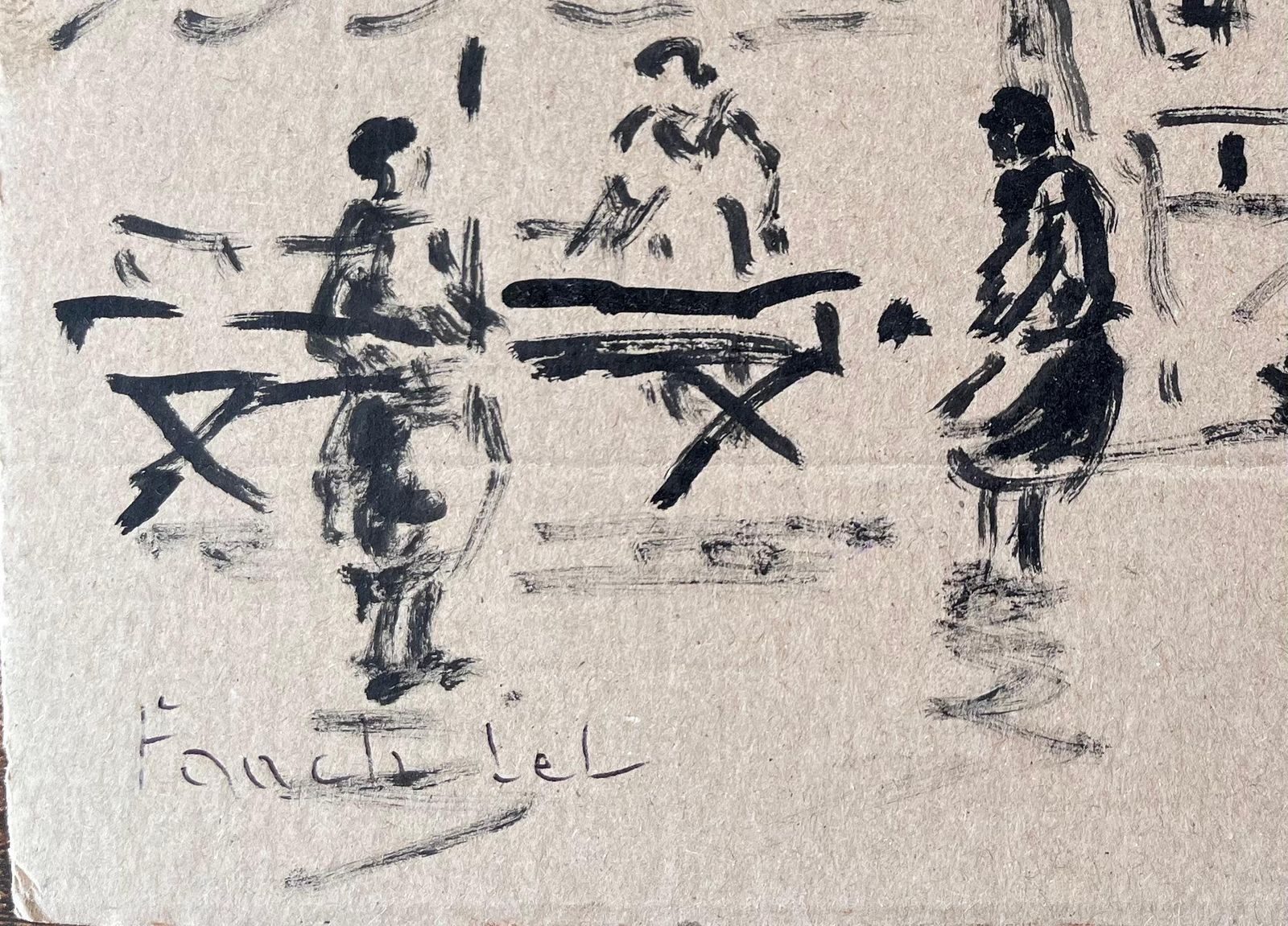 Fanch Lelfrench Ink Drawing Of Market Scene With Figures And Umbrella By Fanch Lel photo 331.0