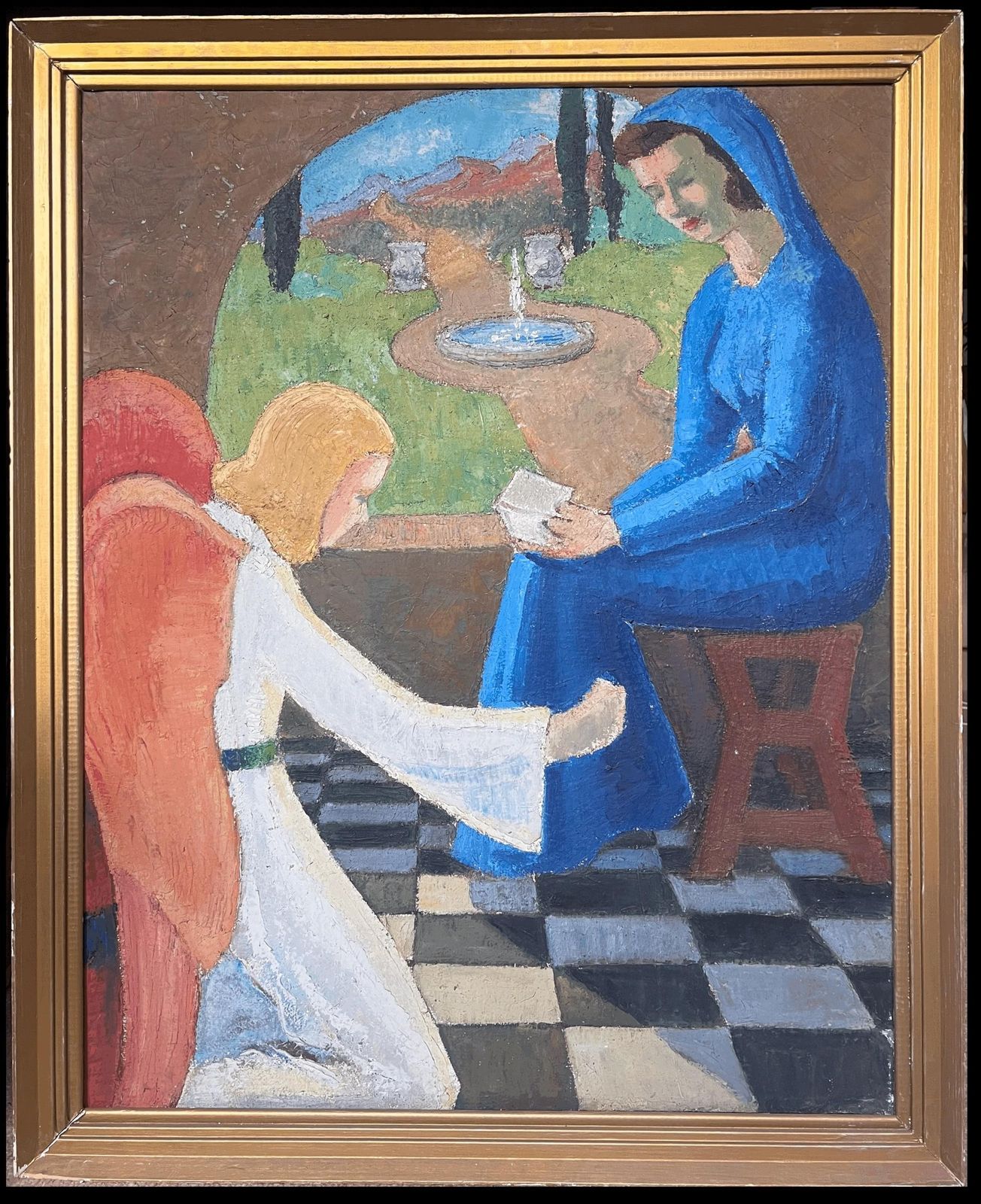 Large 1920's French Nabis School Oil Painting The Annunciation Mary & Angel1920's