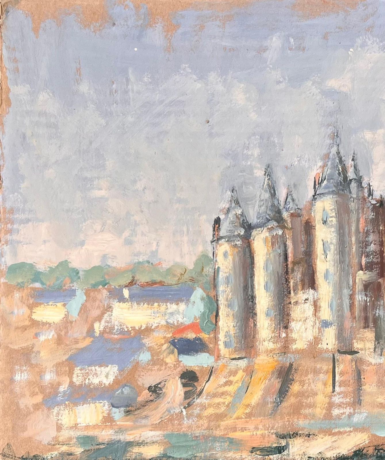 Fanch Lelfrench Impressionist Castle On Riverbank With Reflections And Village photo for sale