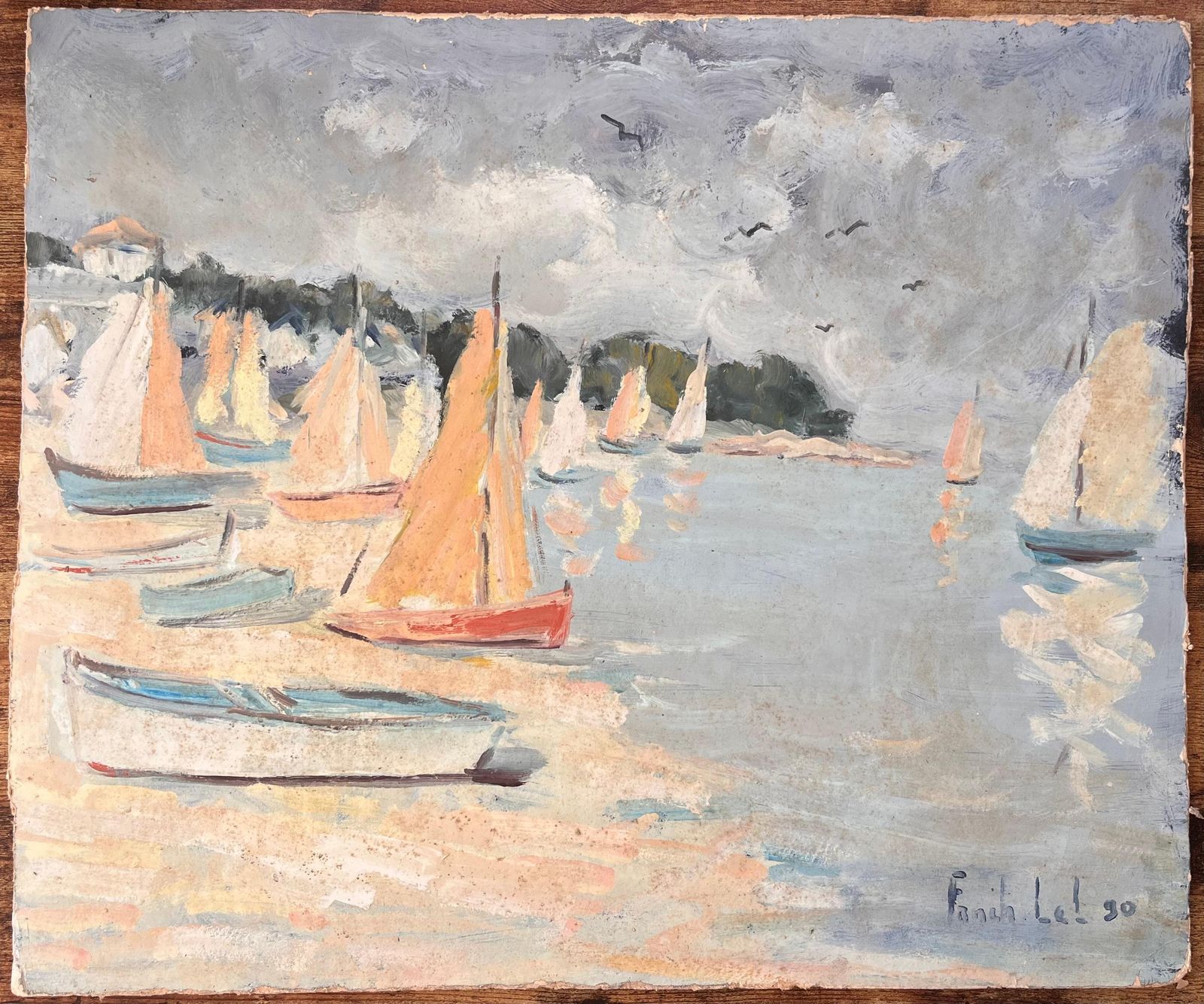 Fanch Lelfrench Impressionist Regatta Scene With Colourful Sails And Seaside Village1990 photo furniture