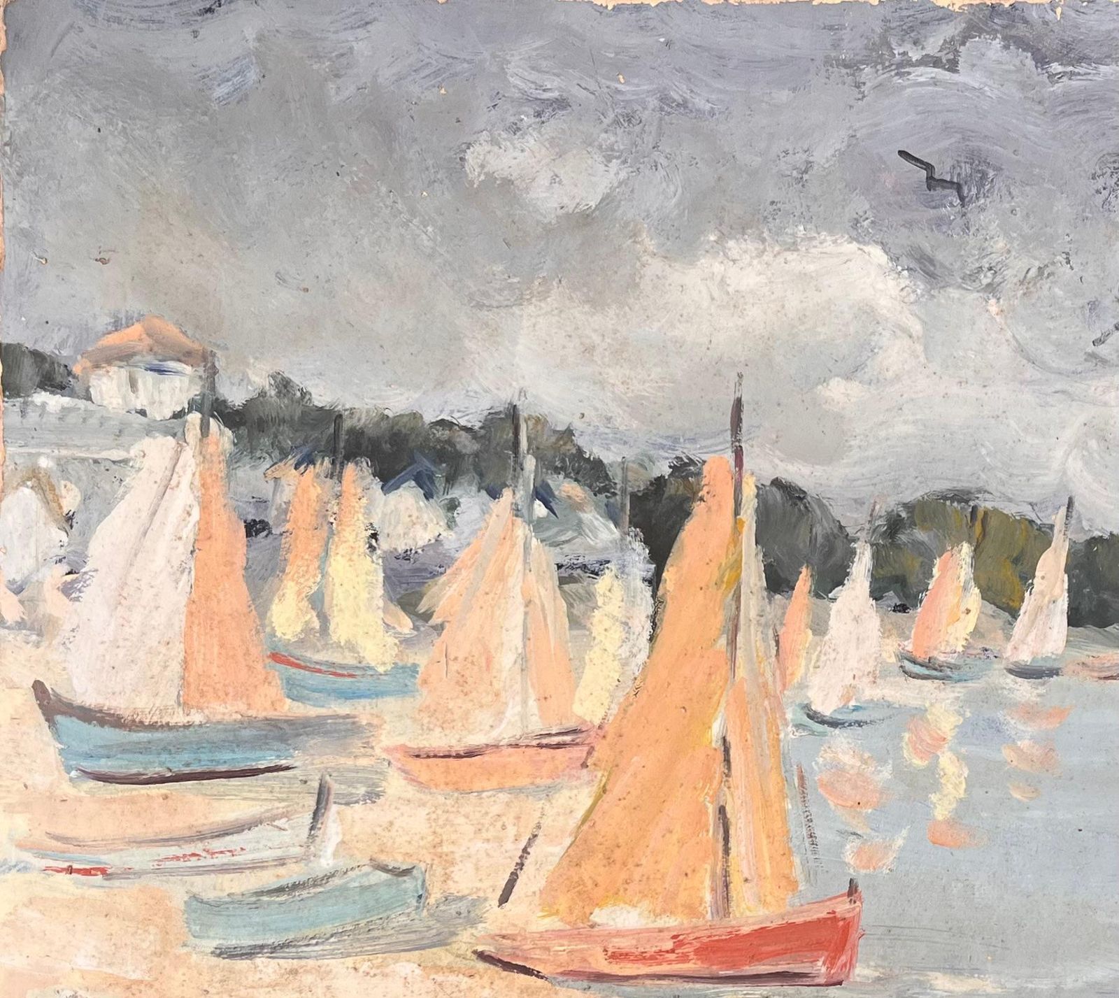 Fanch Lelfrench Impressionist Regatta Scene With Colourful Sails And Seaside Village1990 photo for sale