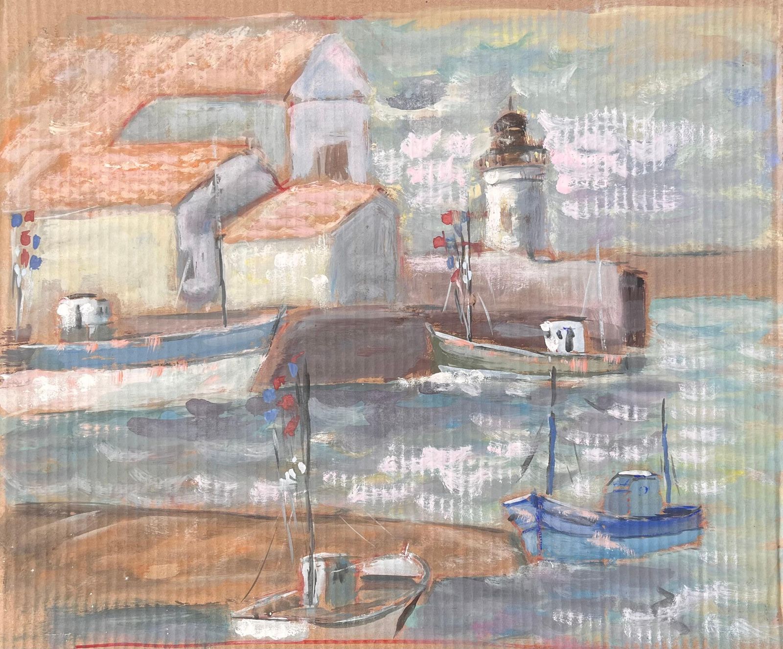Fanch Lelfrench Impressionist Lighthouse Harbour Scene With Boats And Red Tile Roofs