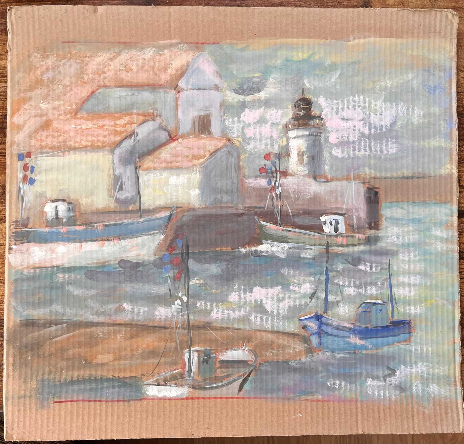Fanch Lelfrench Impressionist Lighthouse Harbour Scene With Boats And Red Tile Roofs photo furniture