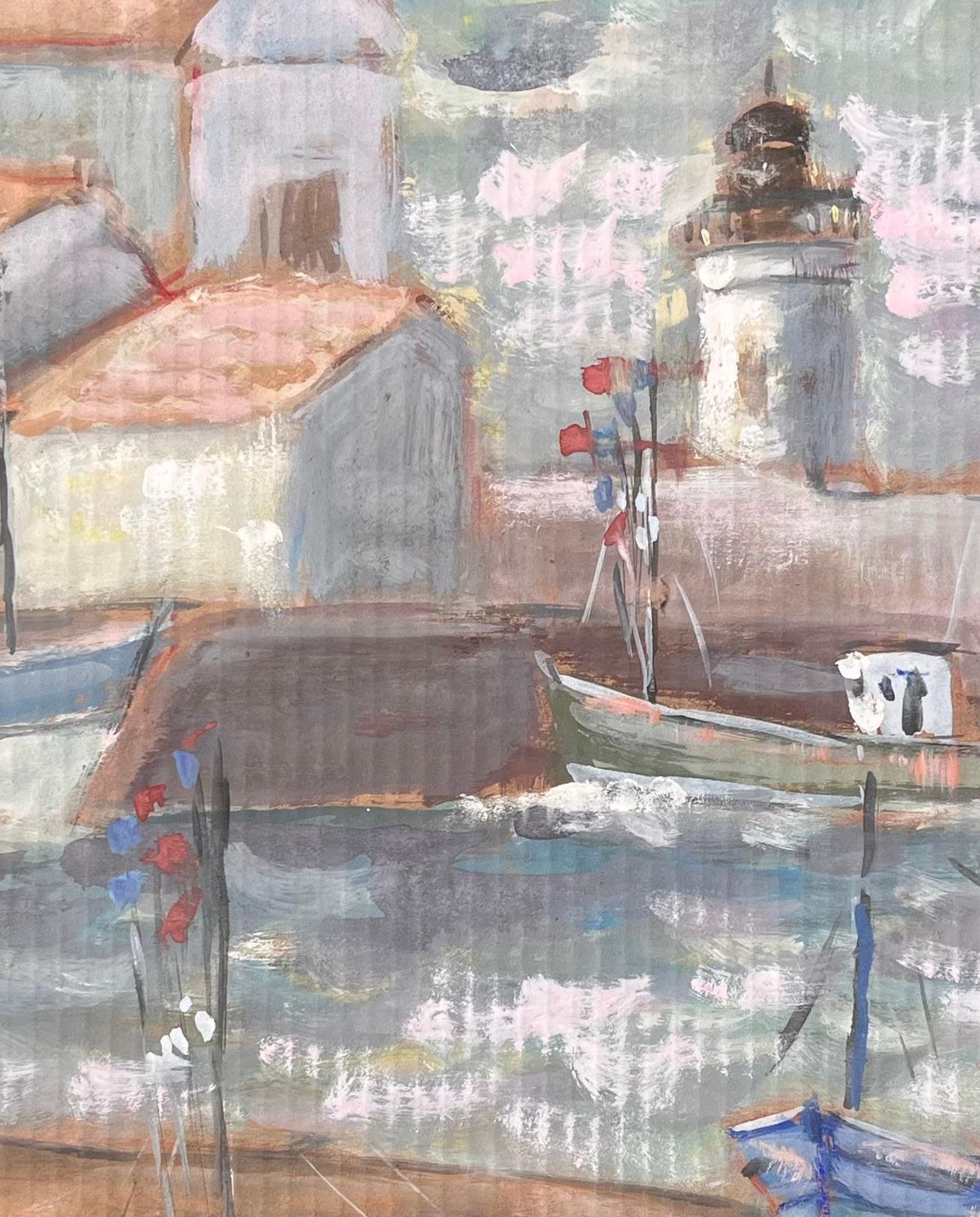 Fanch Lelfrench Impressionist Lighthouse Harbour Scene With Boats And Red Tile Roofs photo buy