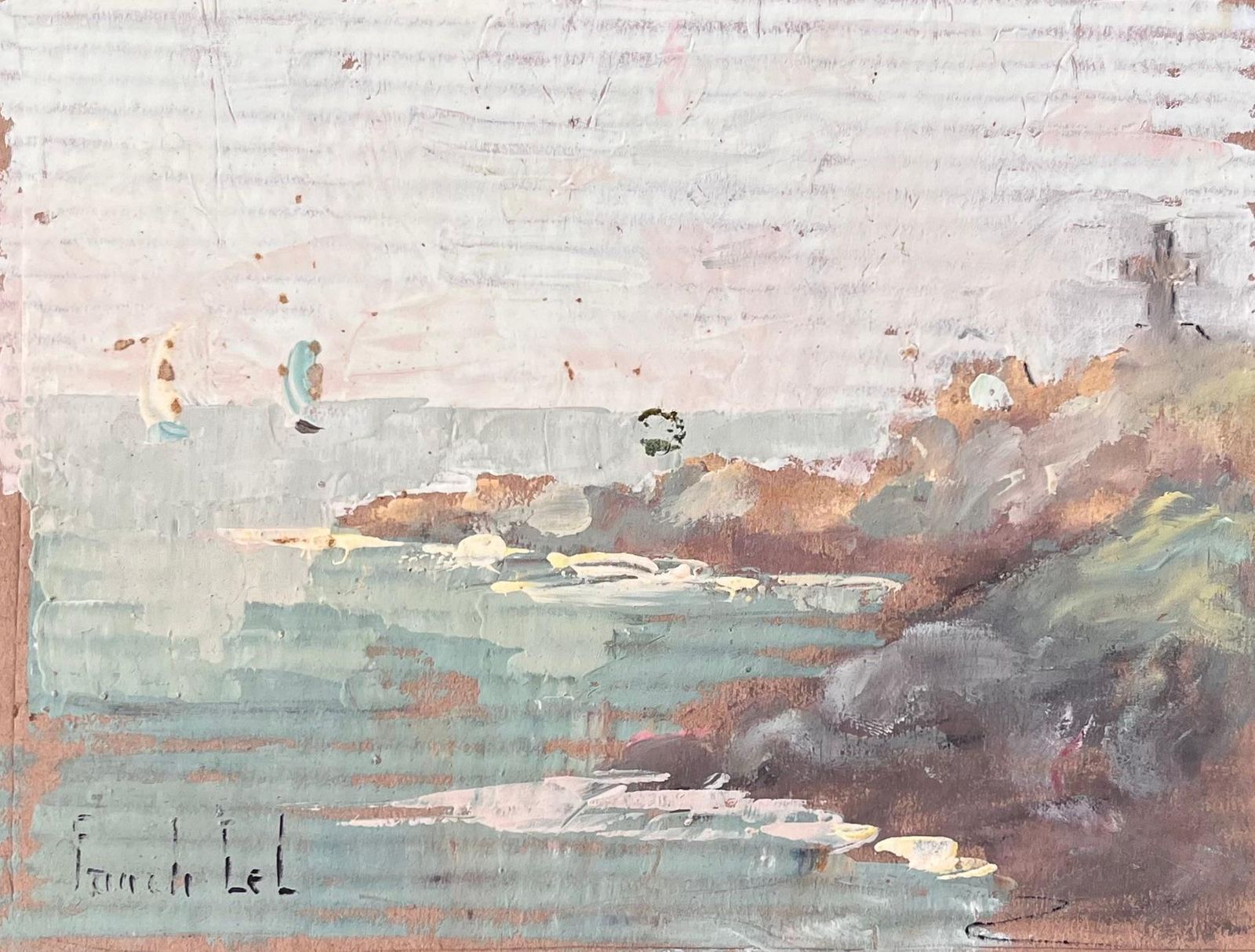 Fanch Lelfrench Impressionist Coastal Cliff And Sailboats Scene With Cross Monument