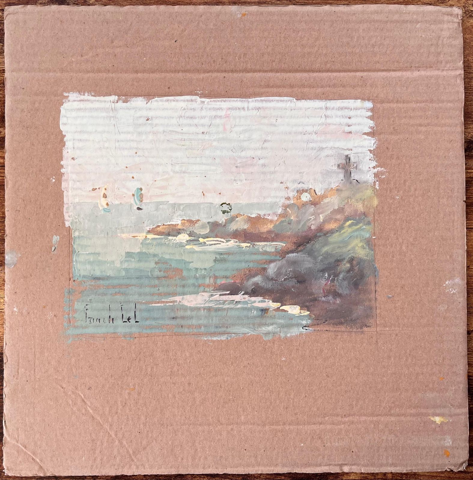 Fanch Lelfrench Impressionist Coastal Cliff And Sailboats Scene With Cross Monument photo furniture