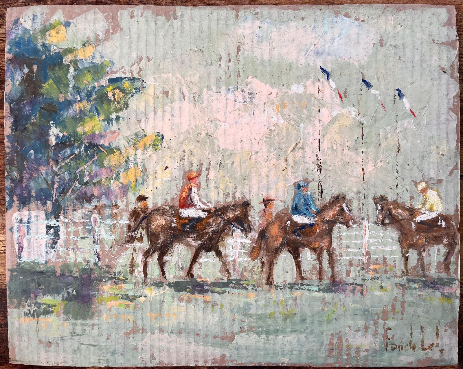 Fanch Lelfrench Impressionist Equestrian Parade With Jockeys And French Flags photo furniture