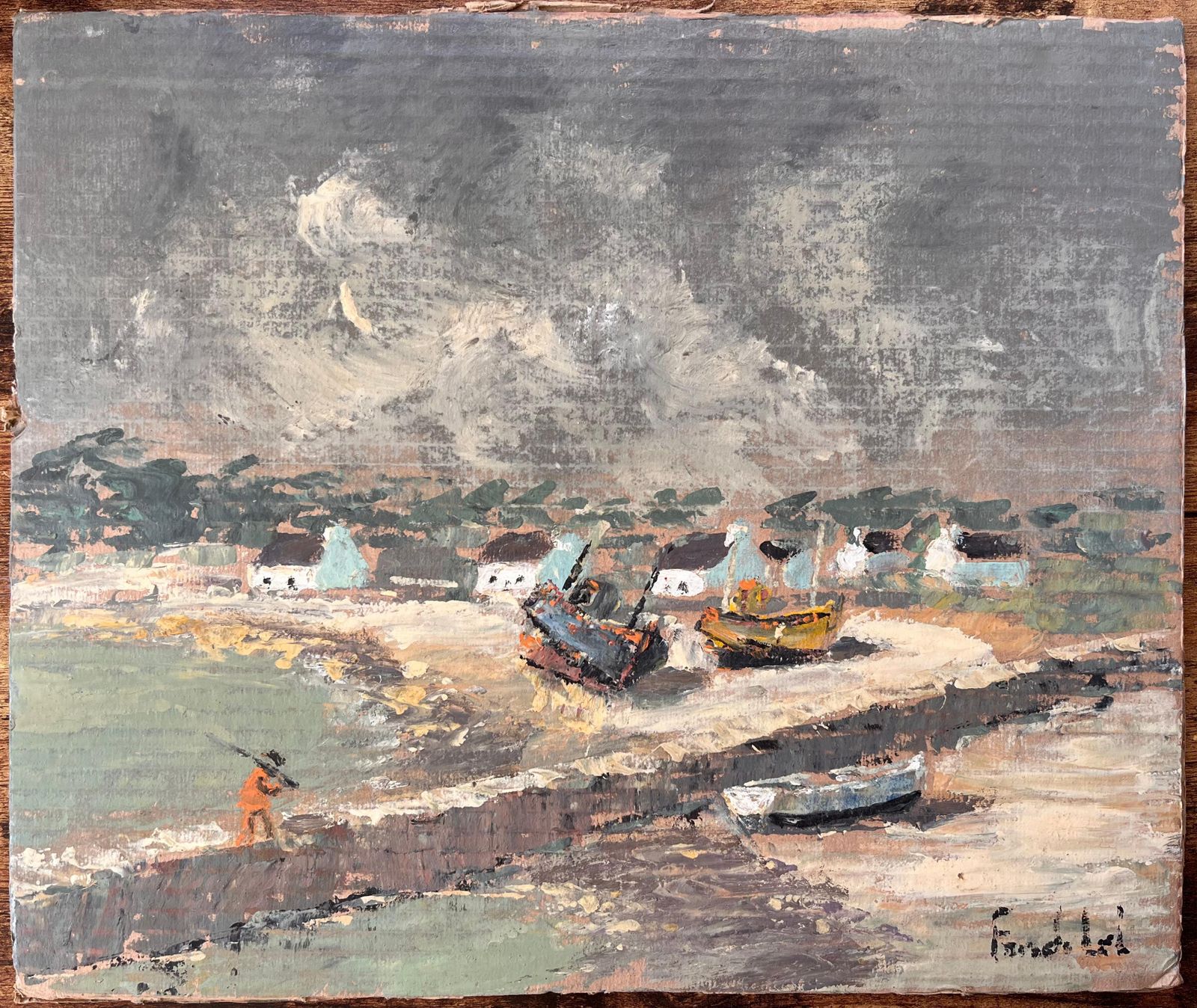 Fanch Lelfrench Impressionist Coastal Village Scene With Boats And Stormy Sky photo furniture