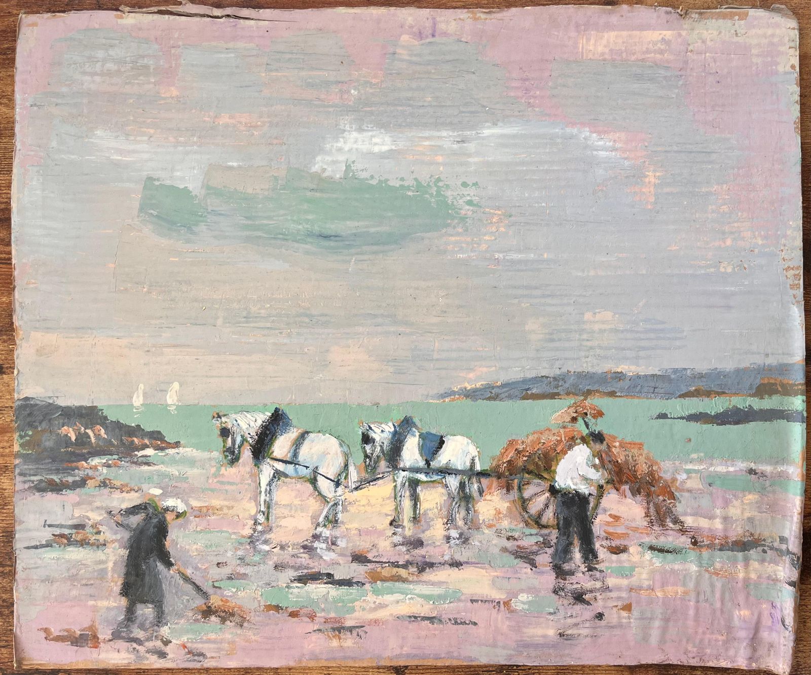 Fanch Lelimpressionist Coastal Scene With Horse Cart Seaweed Gatherers And Pastel Sky photo furniture
