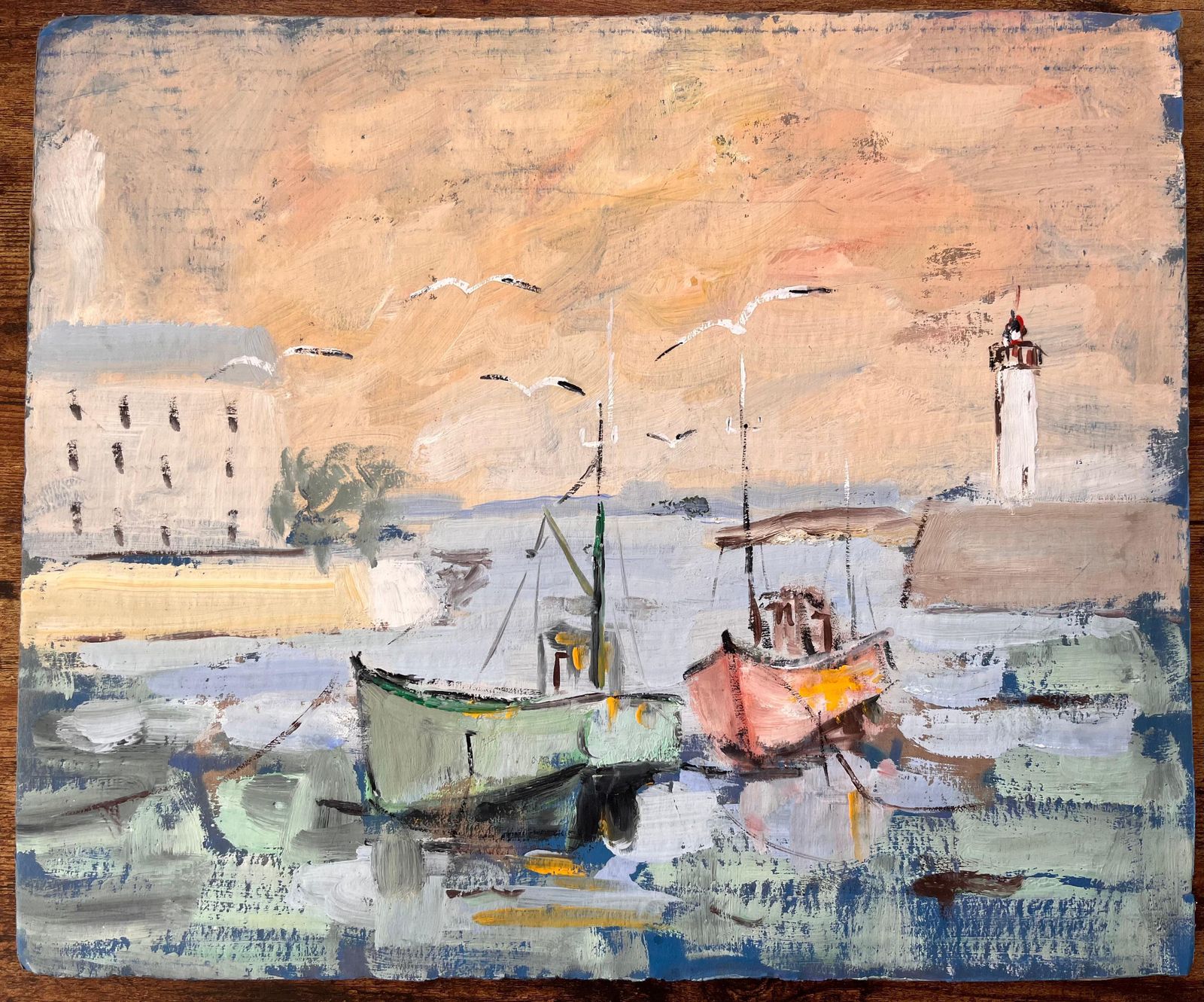 Fanch Lelimpressionist Harbour Scene With Fishing Boats Lighthouse And Sunset Sky photo furniture