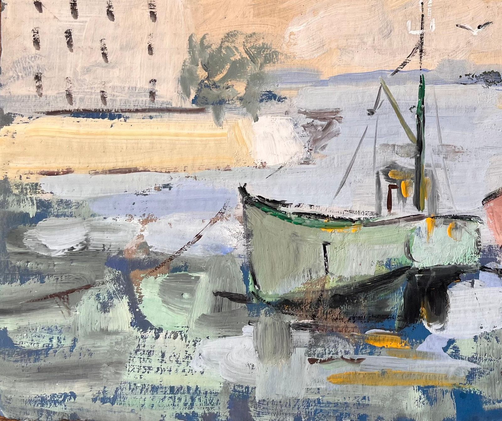 Fanch Lelimpressionist Harbour Scene With Fishing Boats Lighthouse And Sunset Sky photo 643.0