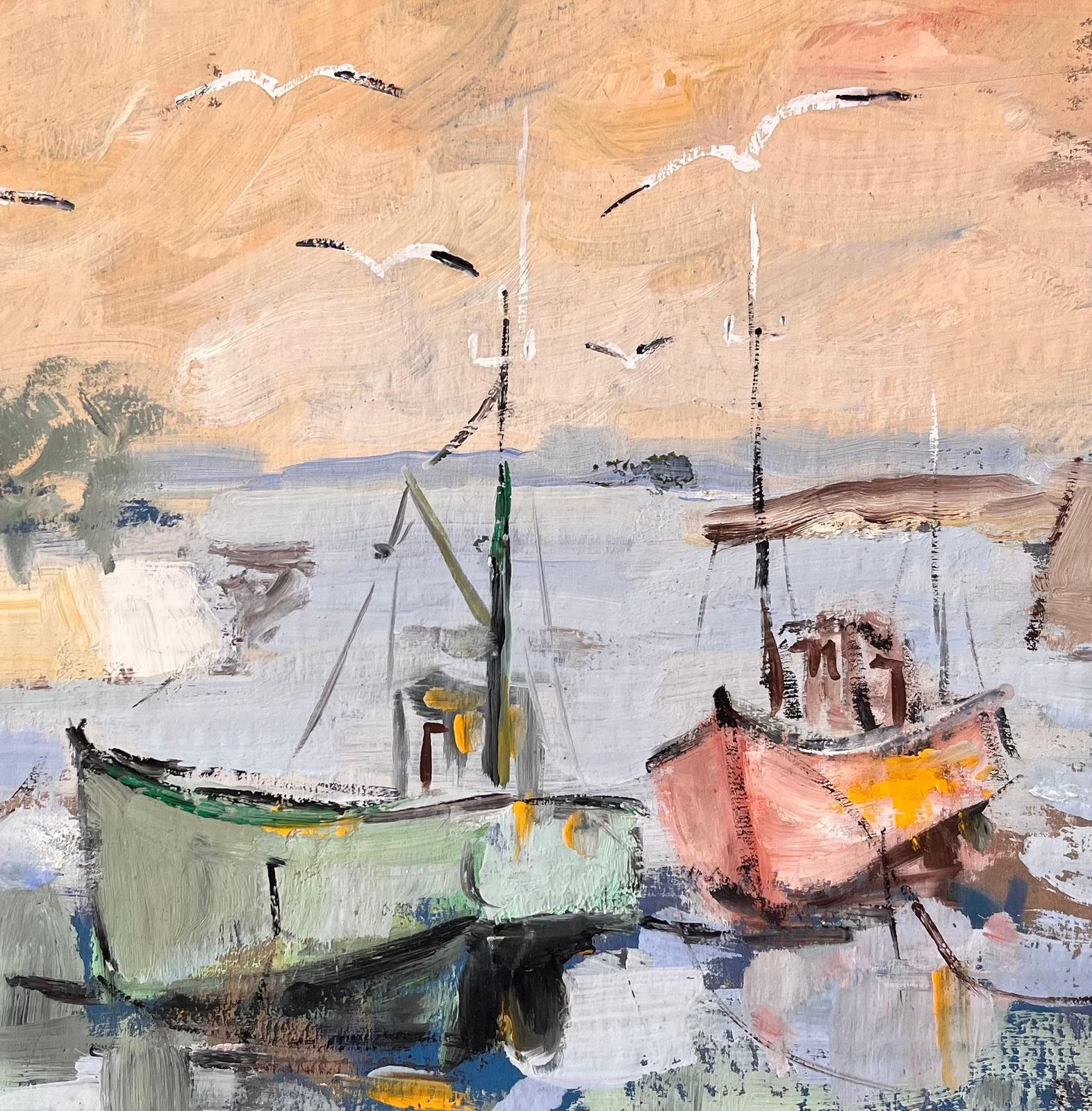 Fanch Lelimpressionist Harbour Scene With Fishing Boats Lighthouse And Sunset Sky photo buy