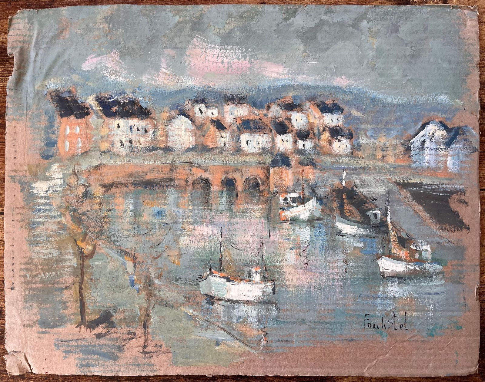 Fanch Lelimpressionist Harbour Scene With Boats And Stone Bridge In La Trinité Sur Mer photo furniture