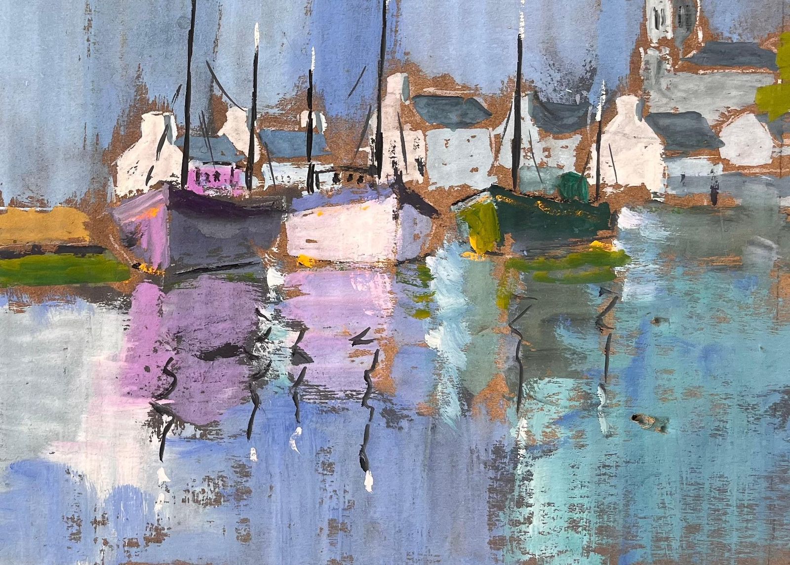 Fanch Lelcolourful Impressionist Harbour With Lighthouse Boats And Reflections At Dusk1993 photo Art