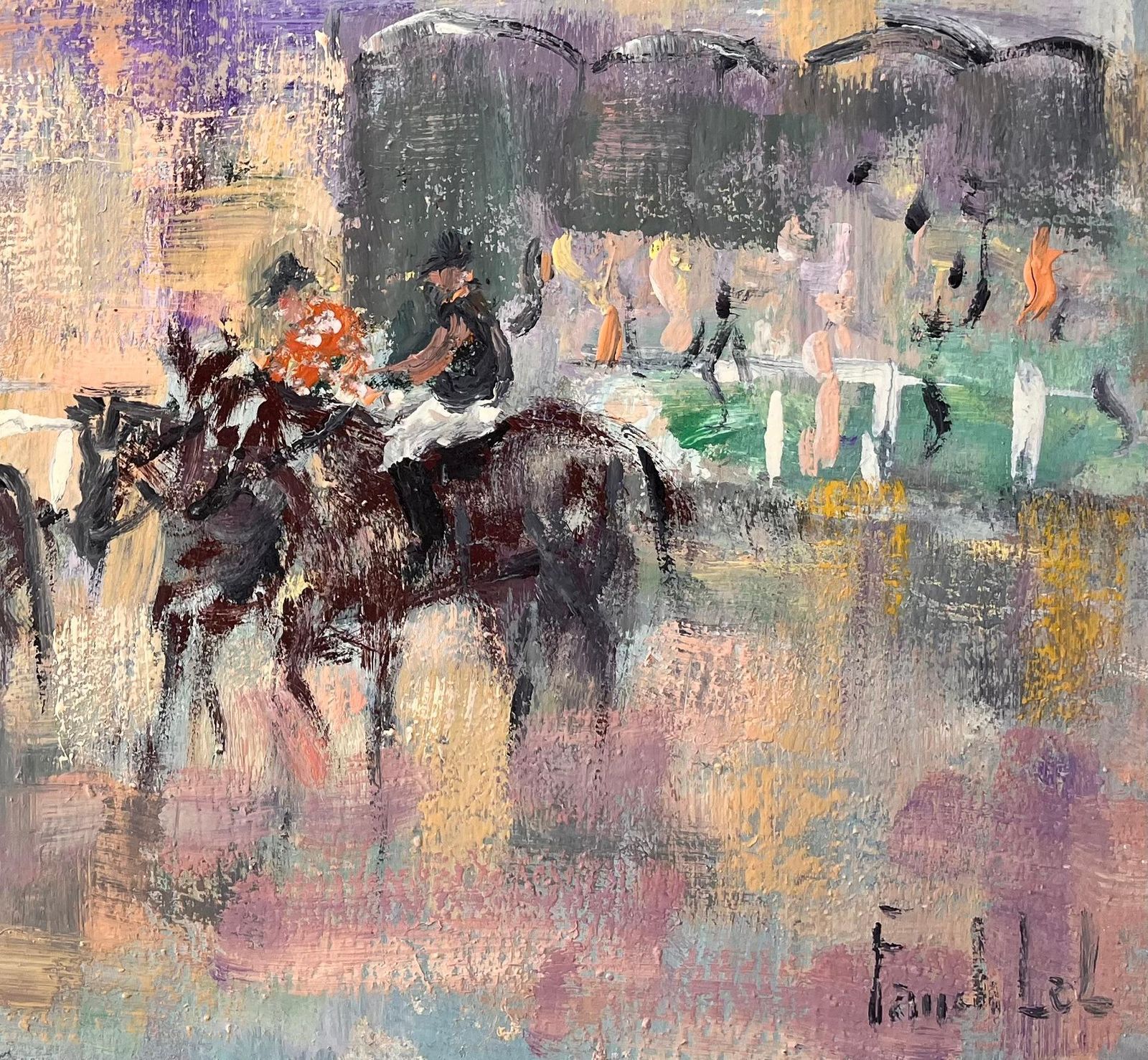 Fanch Lelimpressionist Horse Racing Scene With Jockeys And Spectators Under Violet Sky photo for sale