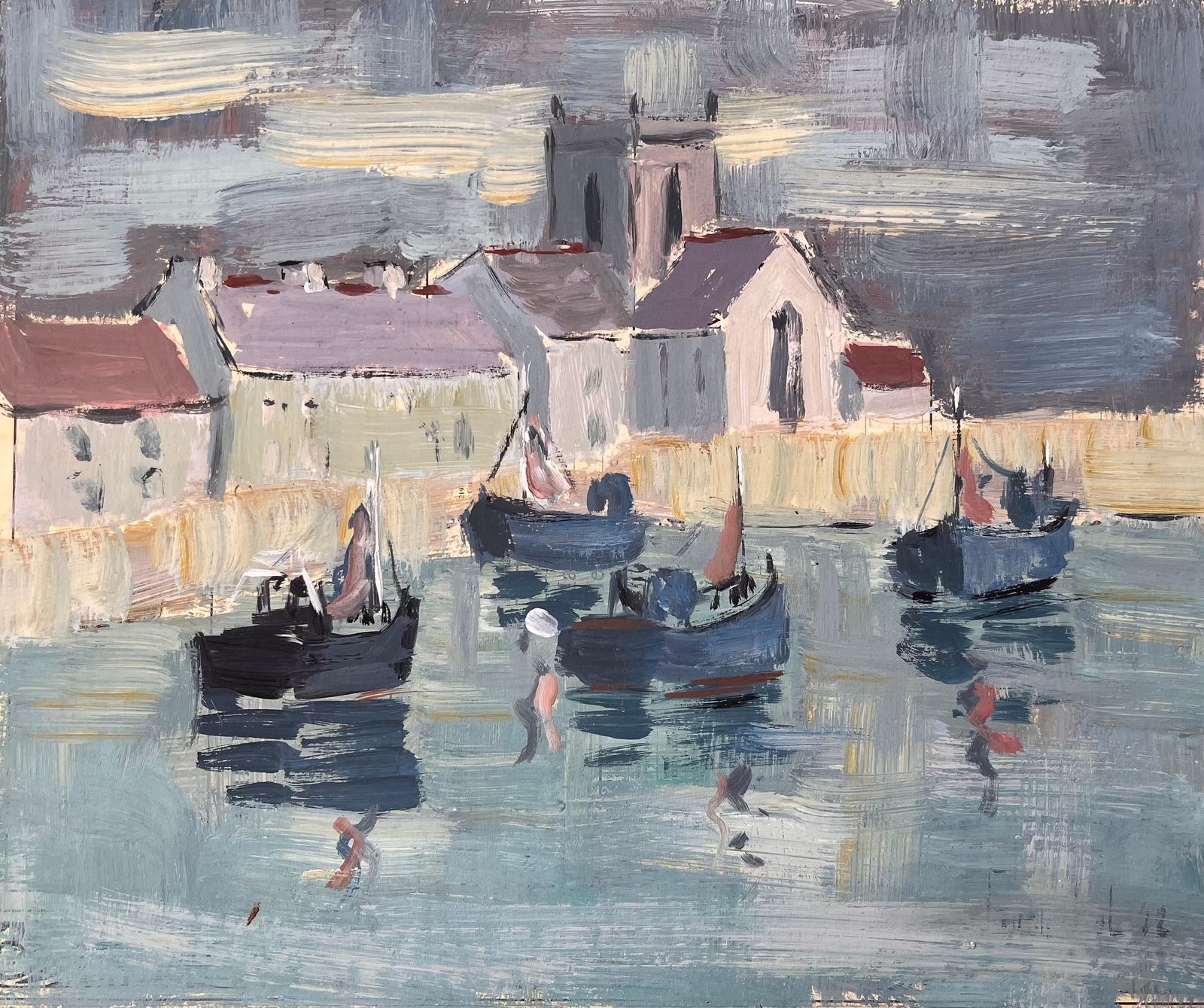 Fanch Lelimpressionist Harbour Scene With Fishing Boats And Church Under Cloudy Sky