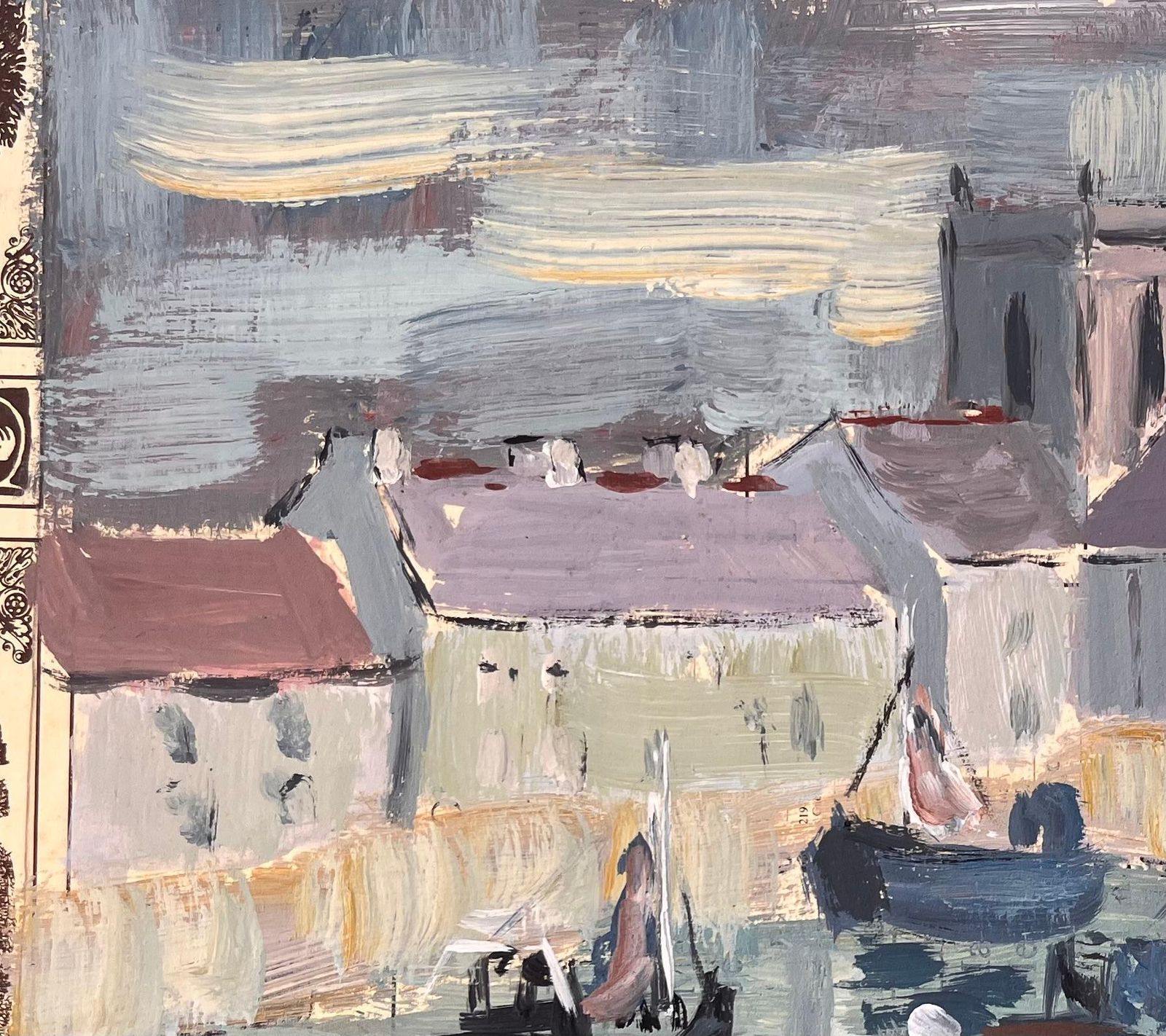 Fanch Lelimpressionist Harbour Scene With Fishing Boats And Church Under Cloudy Sky photo for sale