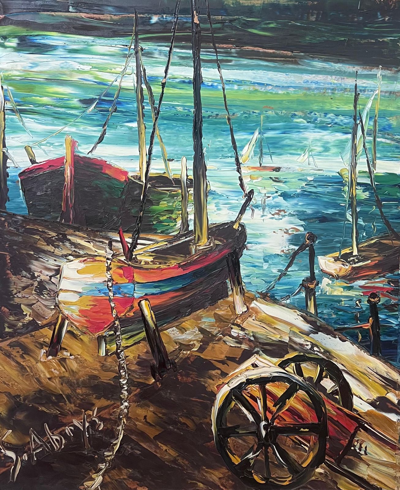 Léon Schwartz   Abrys20th Century French Expressionist Signed Oil Painting Boats On Harbor Edge