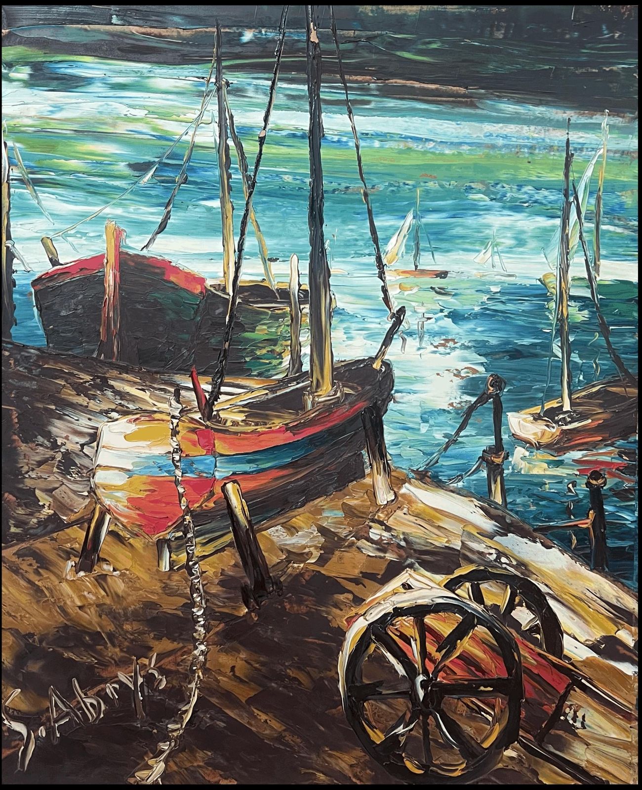 Léon Schwartz   Abrys20th Century French Expressionist Signed Oil Painting Boats On Harbor Edge photo furniture