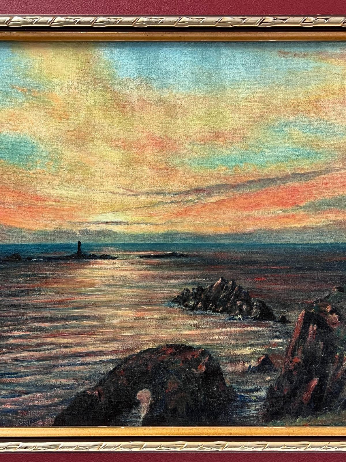 Colin Vokessunrise Over Lands End Cornwall Signed British Impressionist Oil Painting1970 photo Art