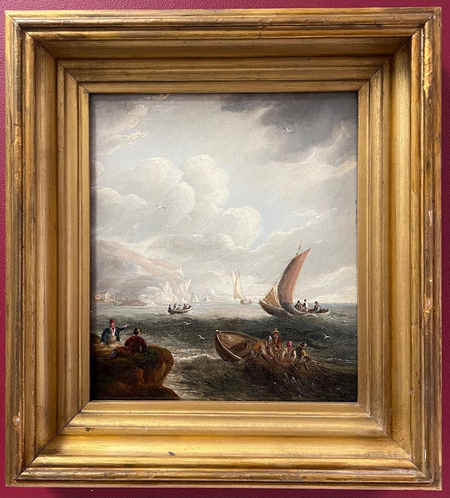 Fine Antique English Marine Oil Painting Shipping Of Rocky Coastline & Figures photo for sale