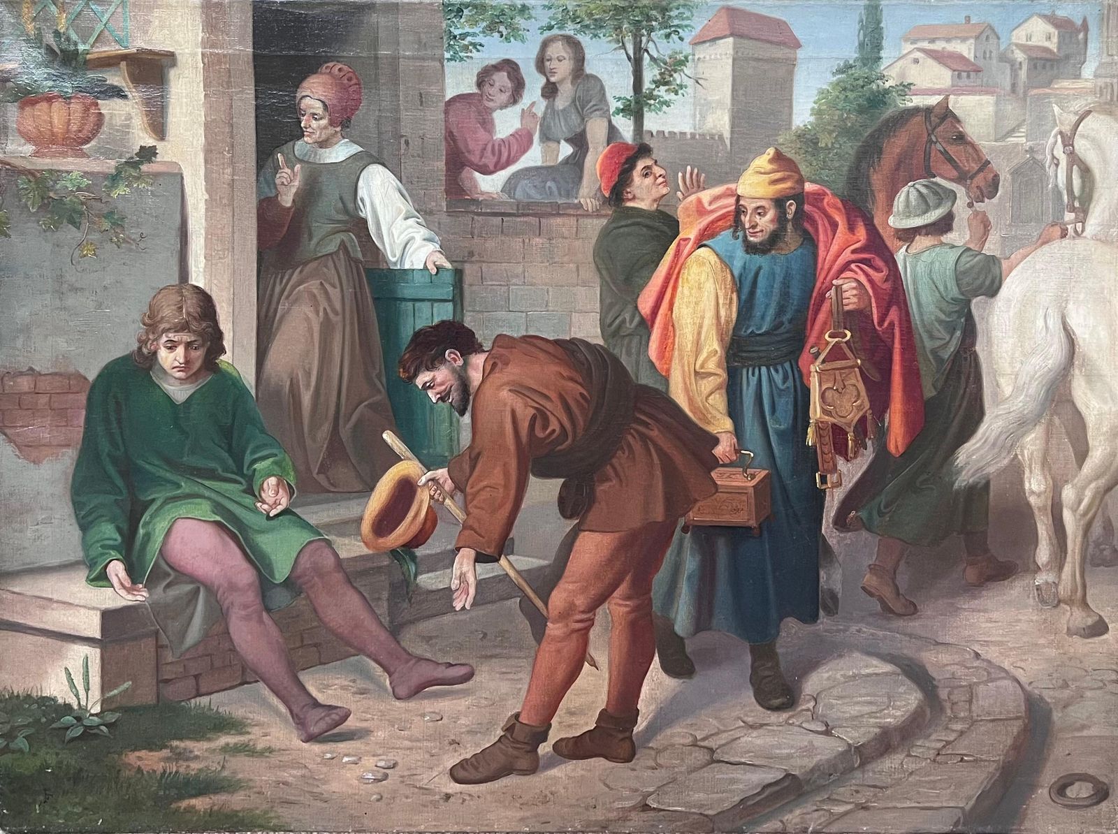 French School19th Century French Theatrical Oil Painting Merchants Outside City Building19th Century