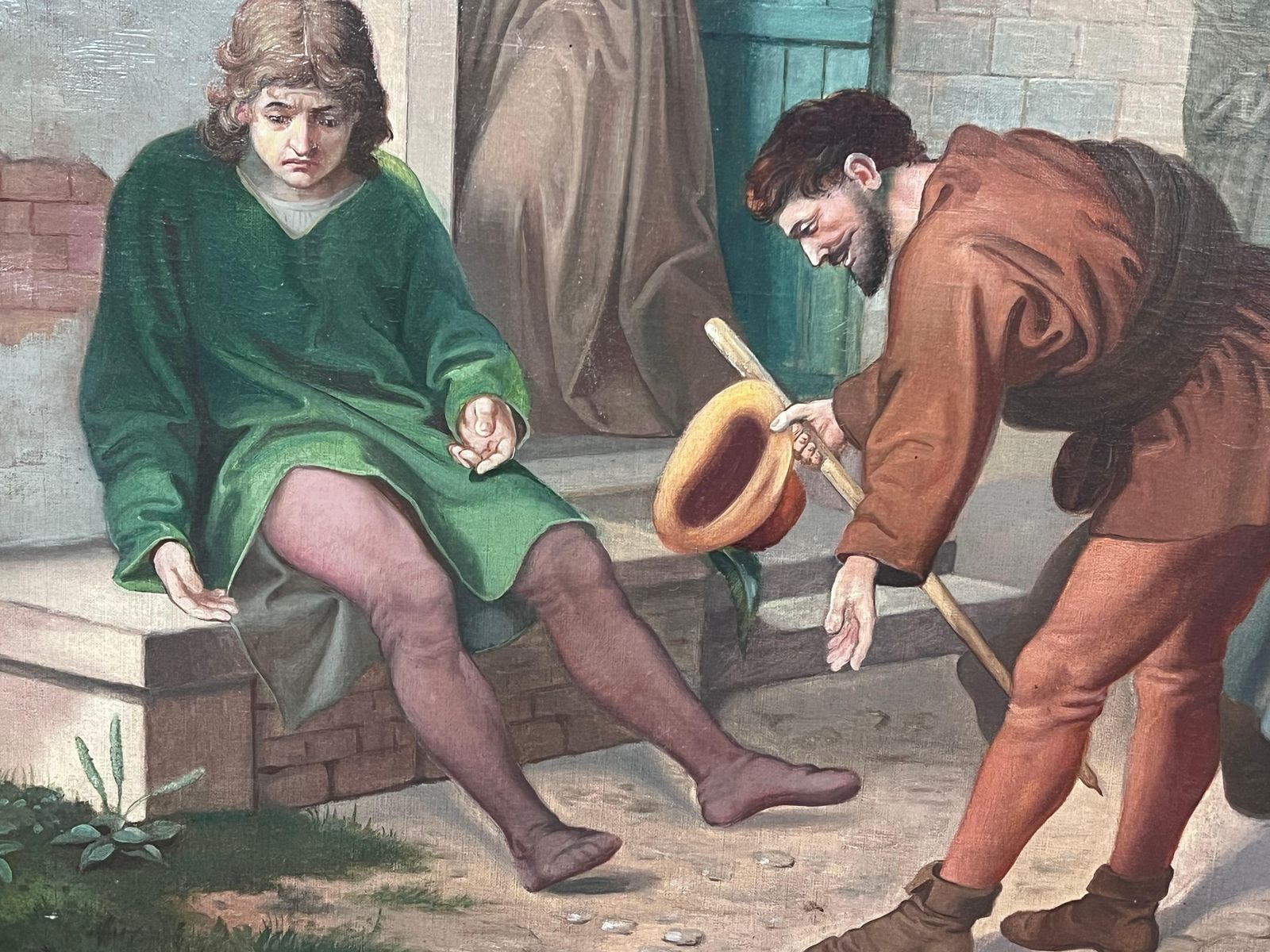 French School19th Century French Theatrical Oil Painting Merchants Outside City Building19th Century photo 1224.0